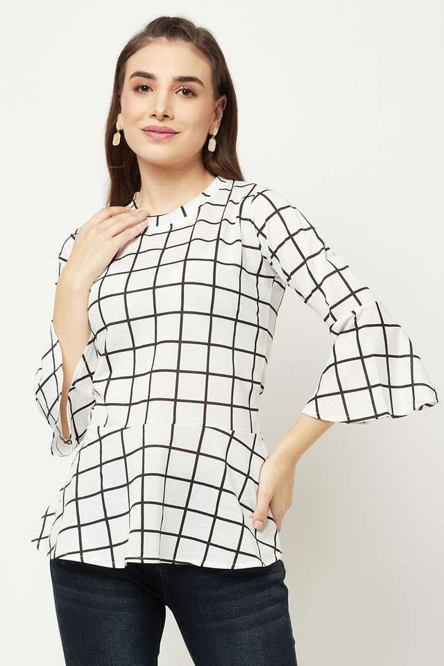 crimsoune club Checks Cotton Blend Round Neck Women Top-picture-21
