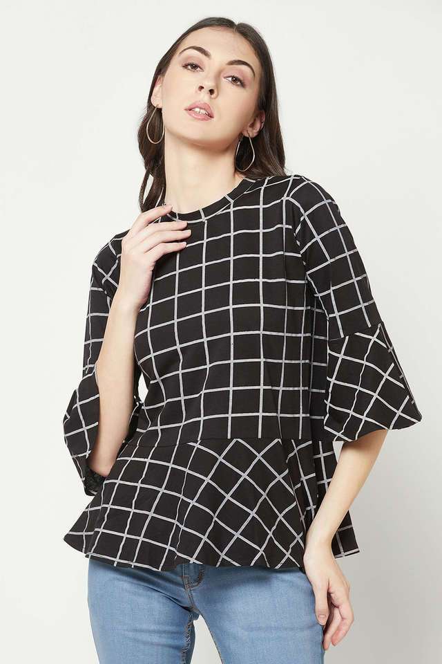 crimsoune club Checks Cotton Blend Round Neck Women Top-picture-33