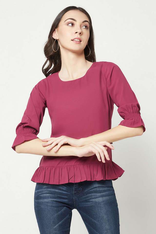 crimsoune club Solid Cotton Blend Round Neck Women Top-picture-33