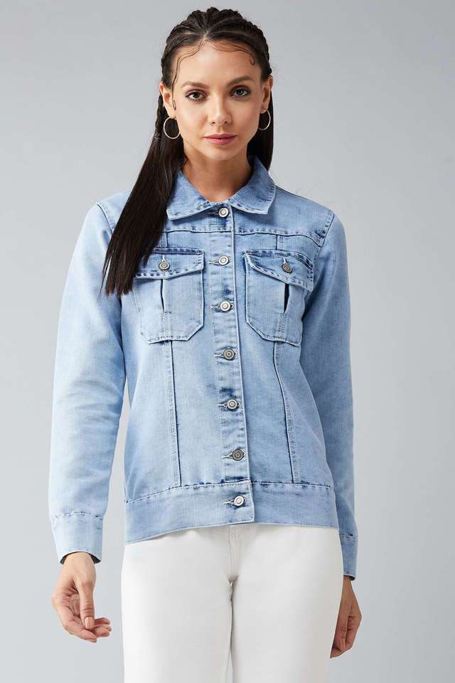 Solid Collared Denim Women Jacket-image-2