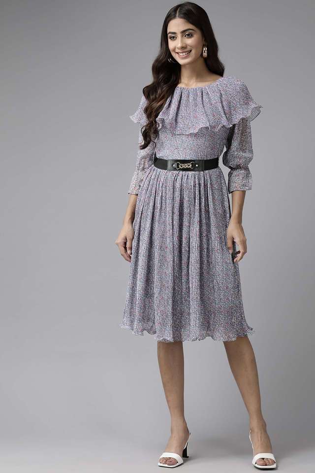 Floral Round Neck Georgette Women Dress with Belt-image-28
