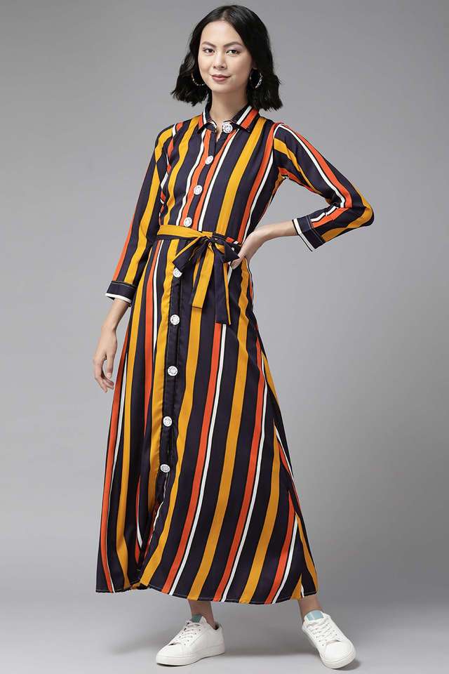 Stripes Collared Cotton Blend Women Dress with Belt-image-49