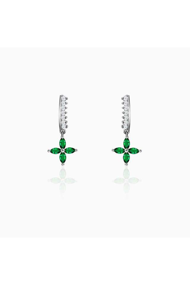 Silver-Emerald-Green-Flower-Earrings