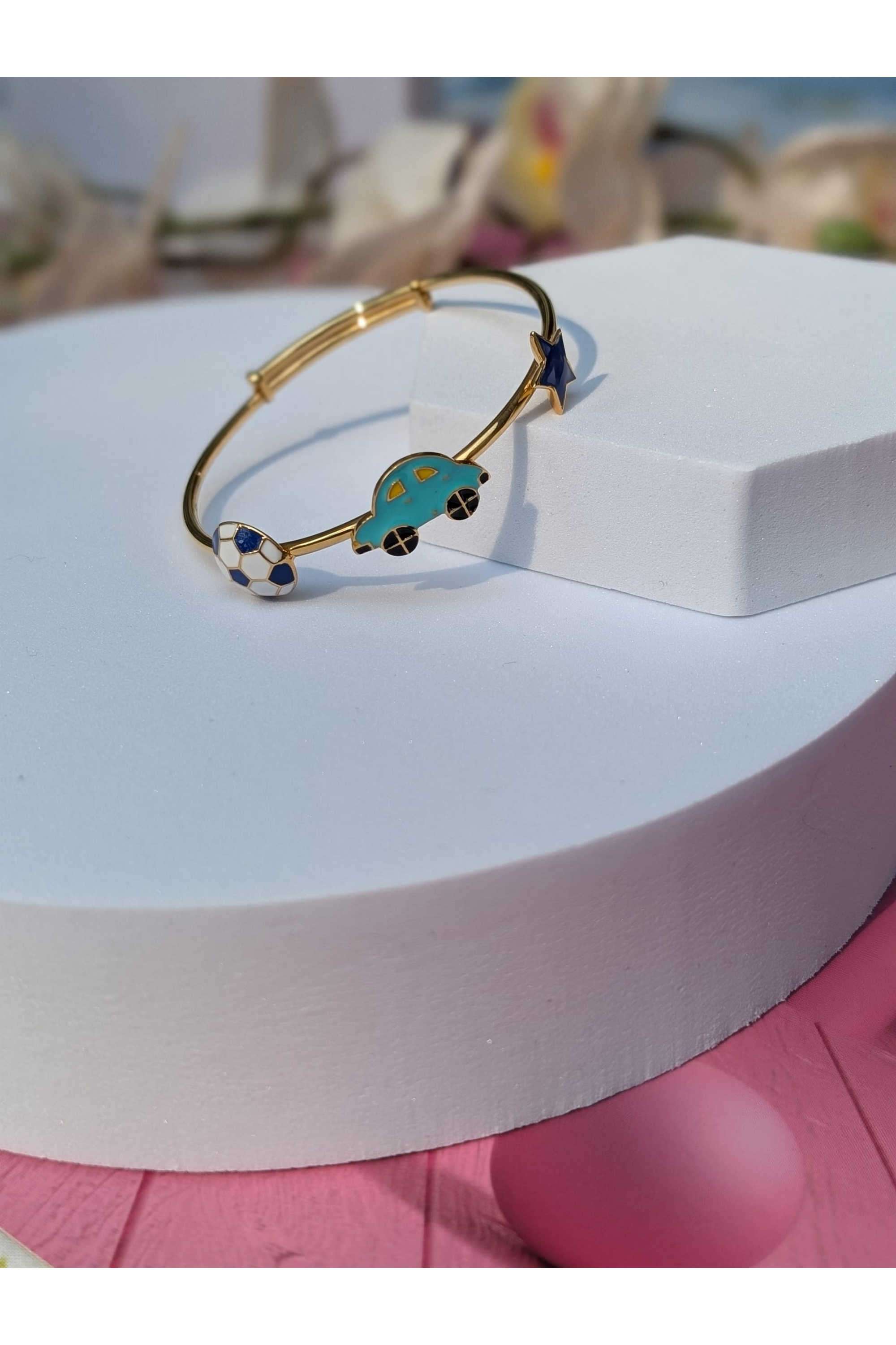 925-Silver-Hypoallergenic 18kt-gold-plated -Football-&-Car-Bangle-for-Baby
