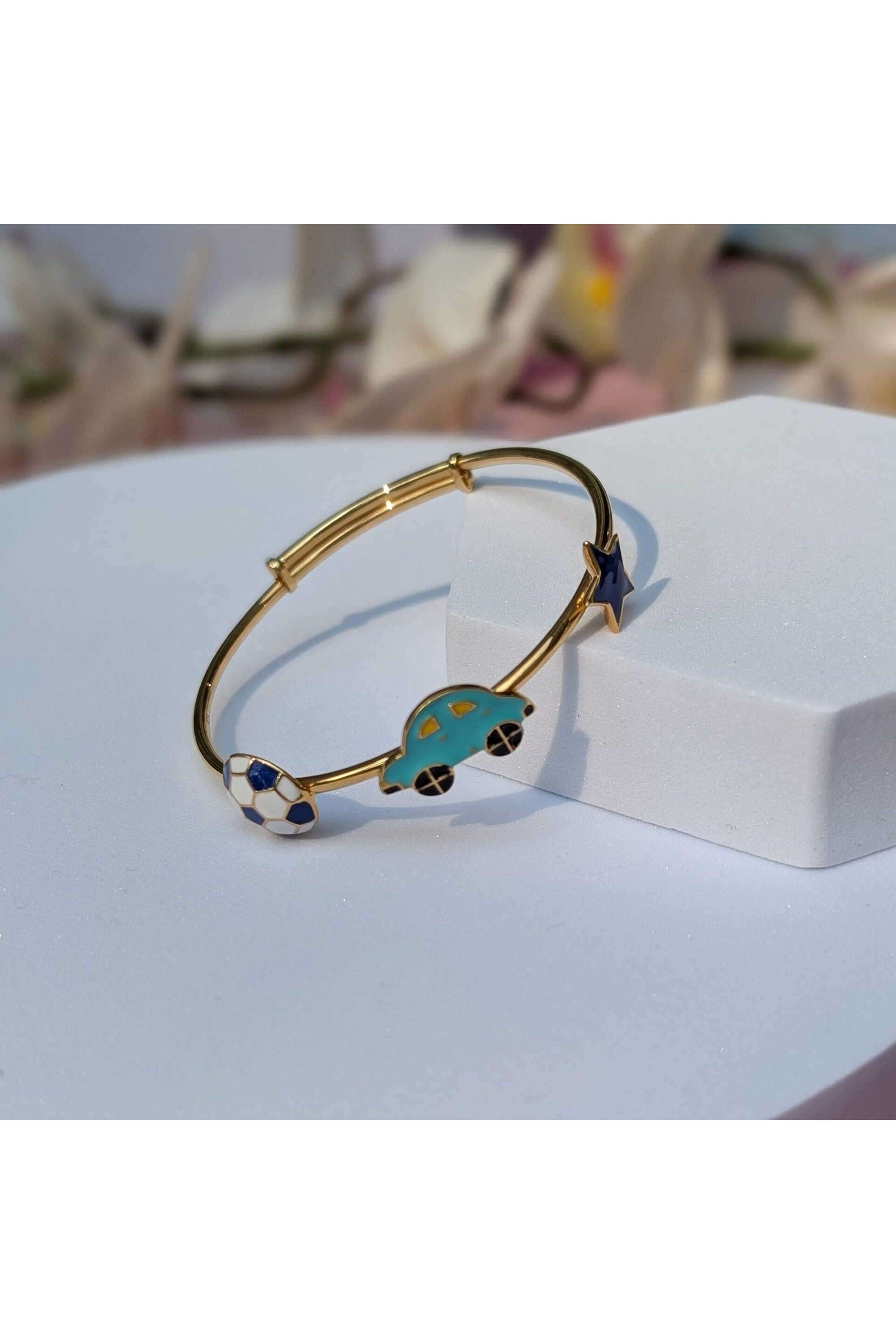 925-Silver-Hypoallergenic 18kt-gold-plated -Football-&-Car-Bangle-for-Kids