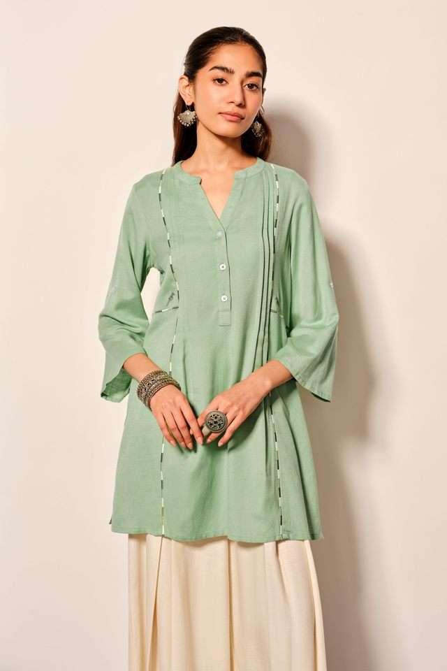 Buy Global Desi Sage Green Solid Viscose Collared Women Fusion Wear Kurti |  Shoppers Stop