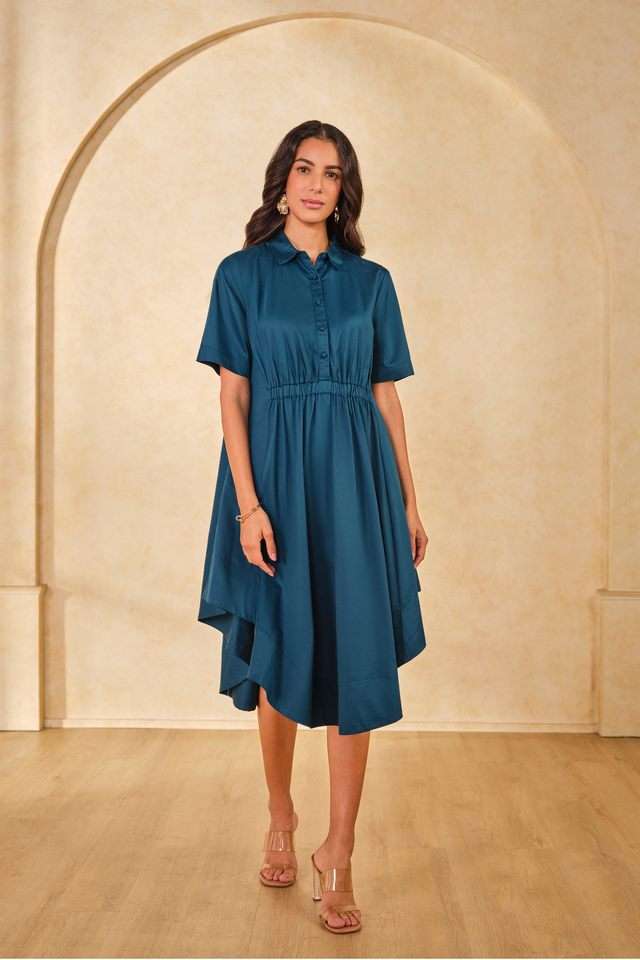 Solid-Cotton-Collared-Women-s-Midi-Dress