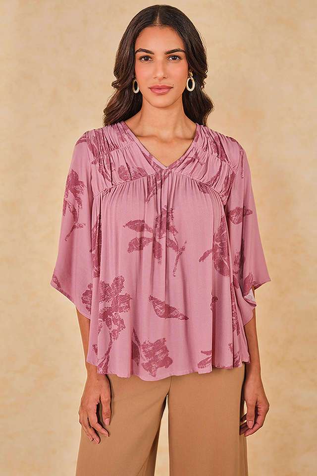 Floral-Viscose-V-Neck-Women-s-Top