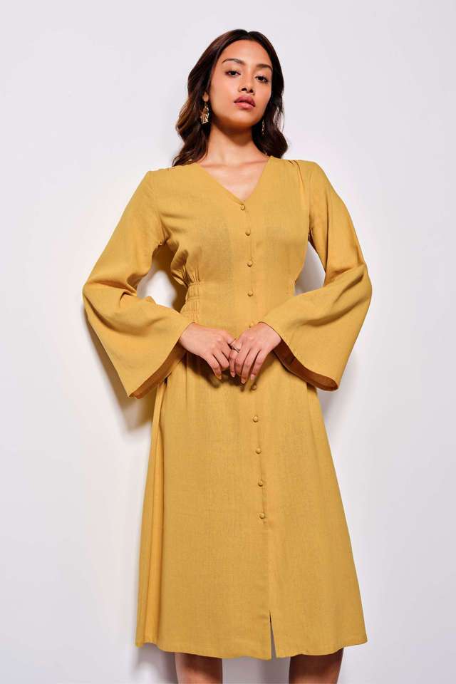 Solid-V-Neck-Viscose-Women-s-Calf-Length-Dress