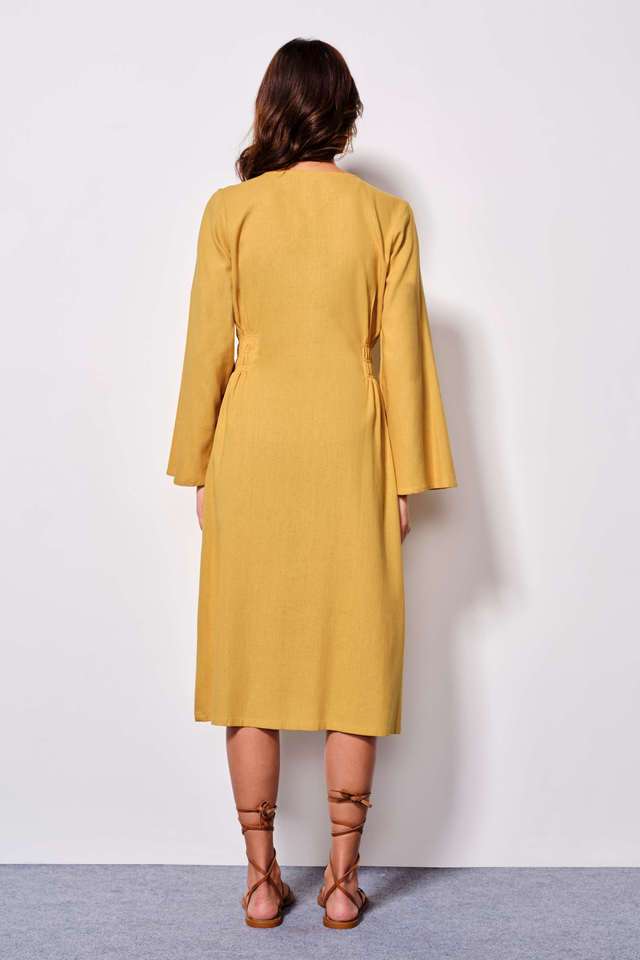 Solid-V-Neck-Viscose-Women-s-Calf-Length-Dress