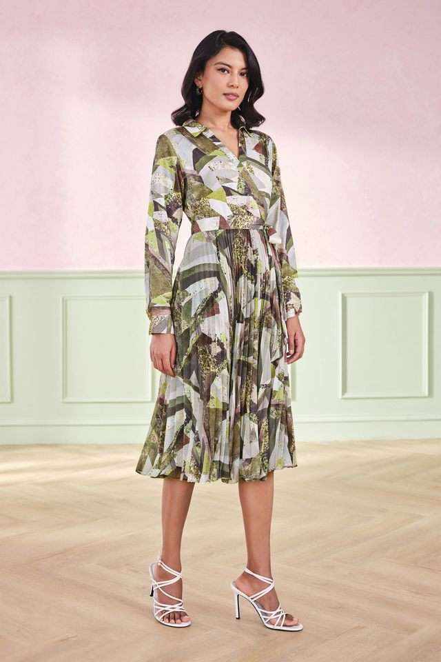 Abstract-V-Neck-Polyester-Women-s-Calf-Length-Dress