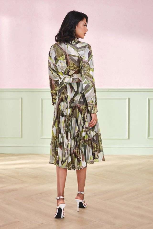 Abstract-V-Neck-Polyester-Women-s-Calf-Length-Dress