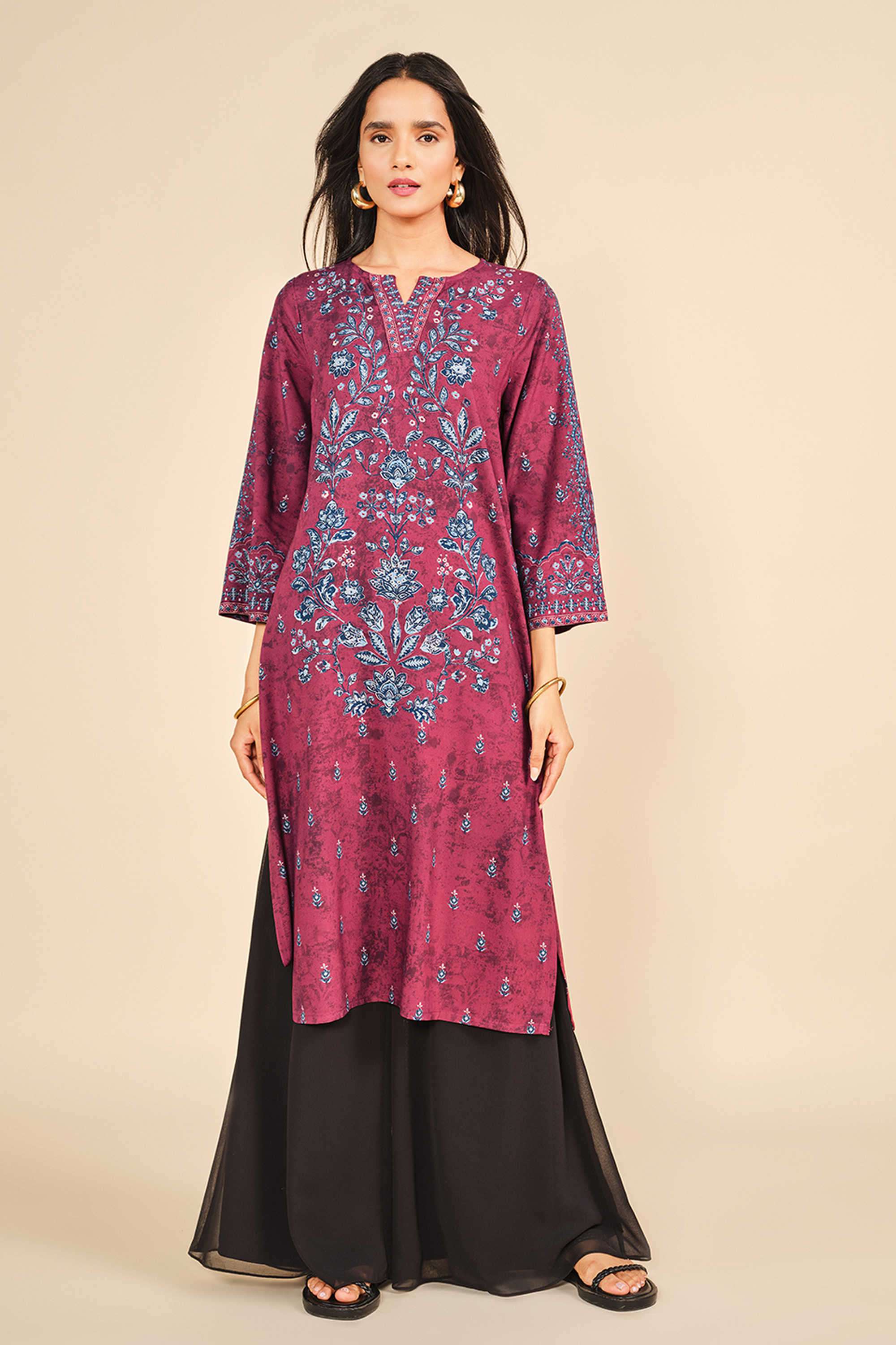 Floral-Viscose-Round-Neck-Women-Casual-Wear-Kurta