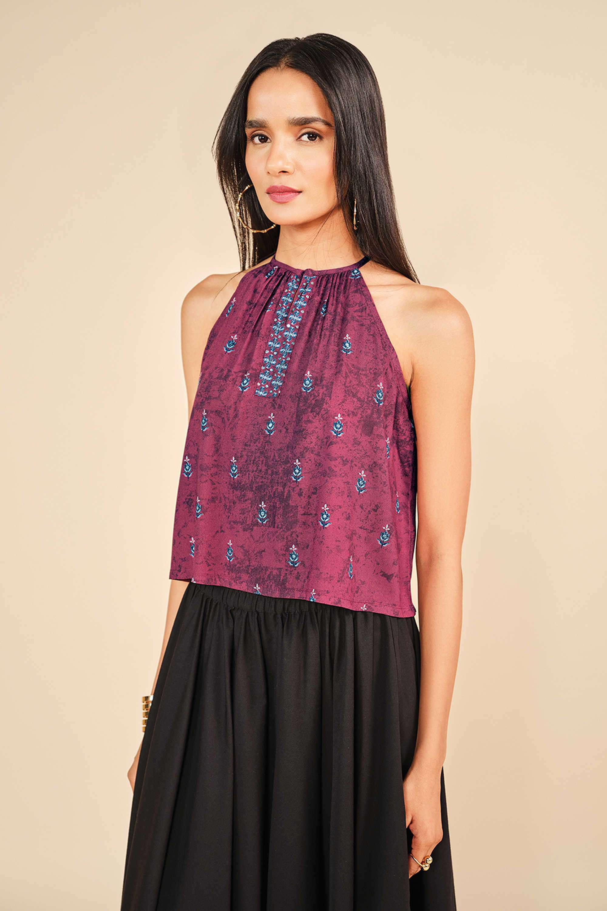 Floral-Viscose-Round-Neck-Women-Casual-Wear-Top