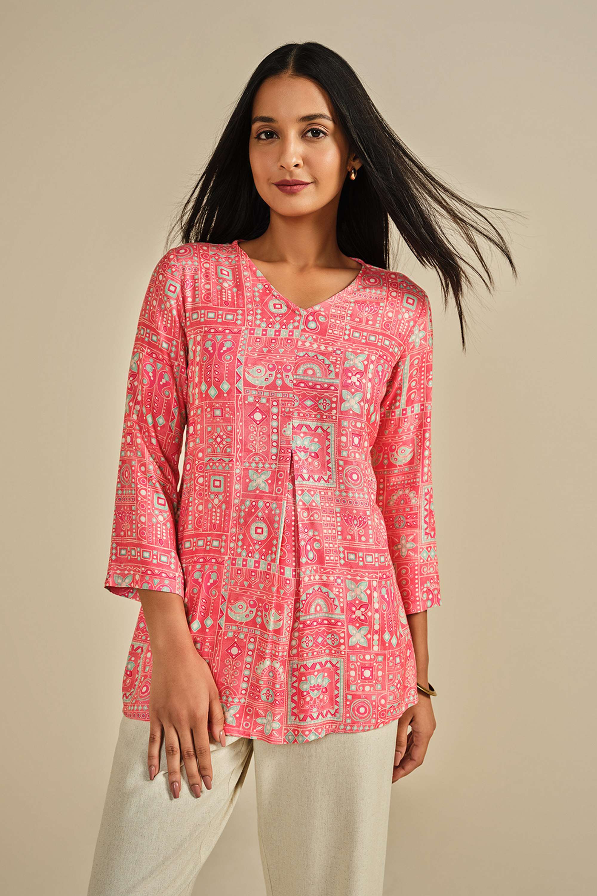 Ethnic-Motifs-Printed-Viscose-V-Neck-Women-s-Top