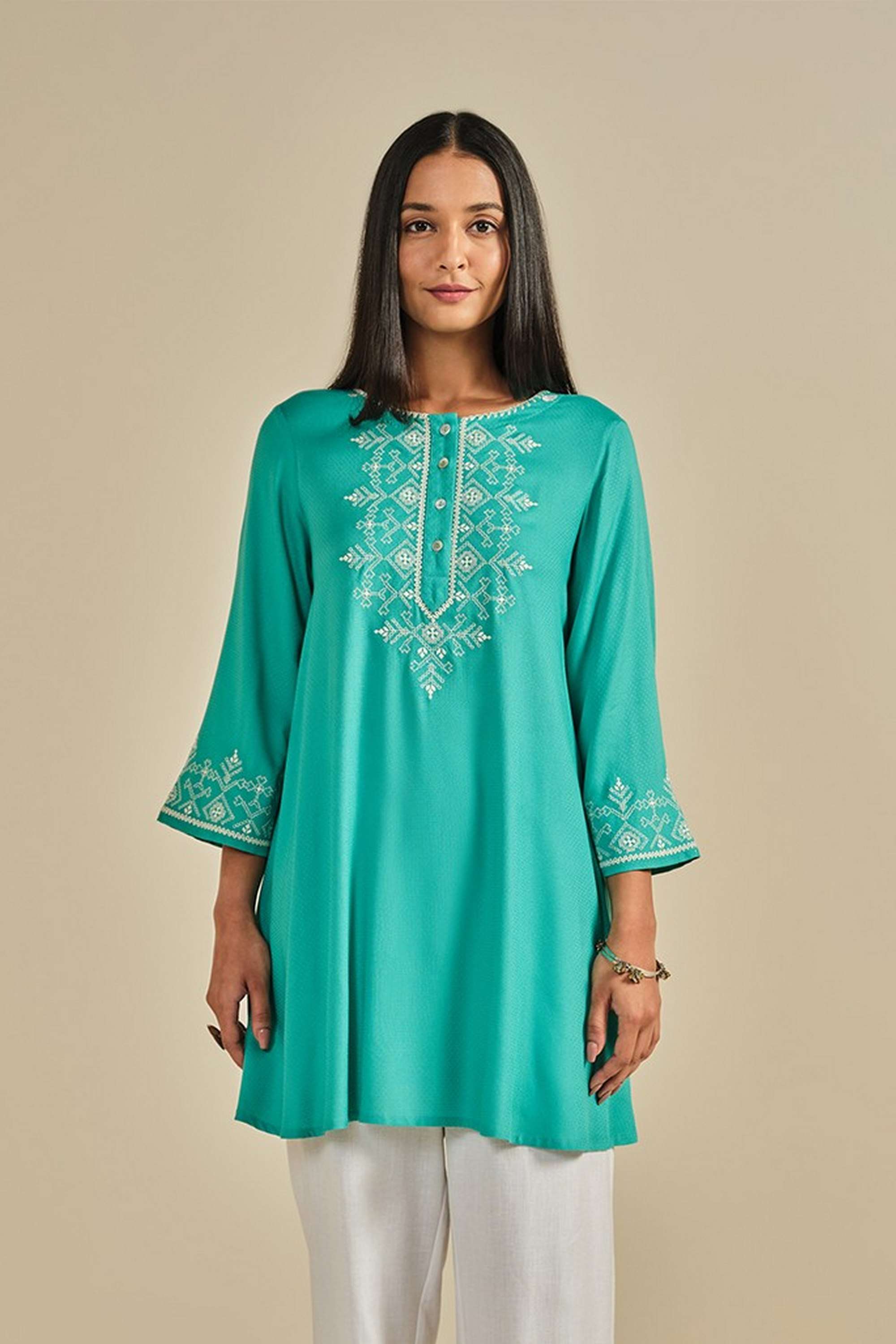 Embroidered-Viscose-Round-Neck-Women-s-Tunic