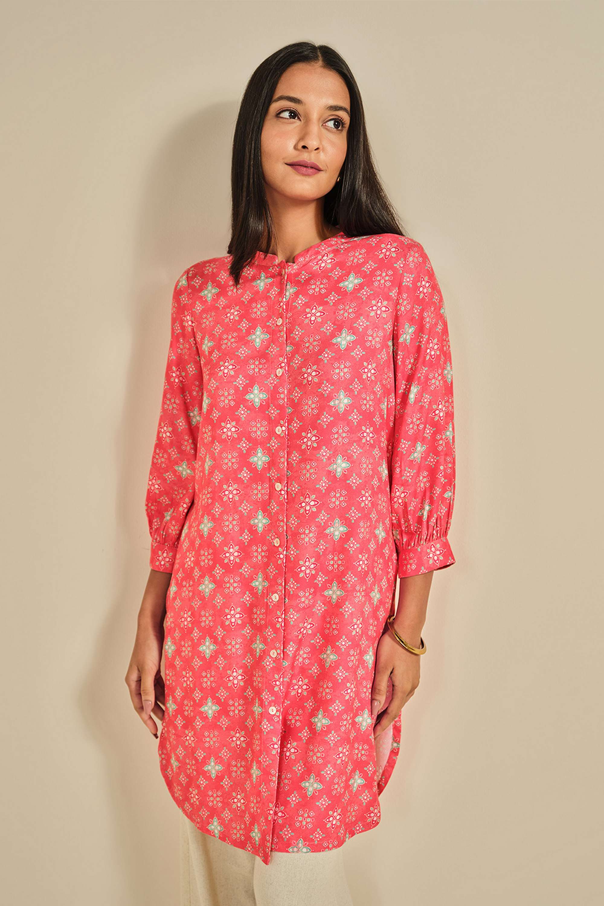 Geometric-Print-Viscose-Mandarin-Collar-Women-s-Tunic