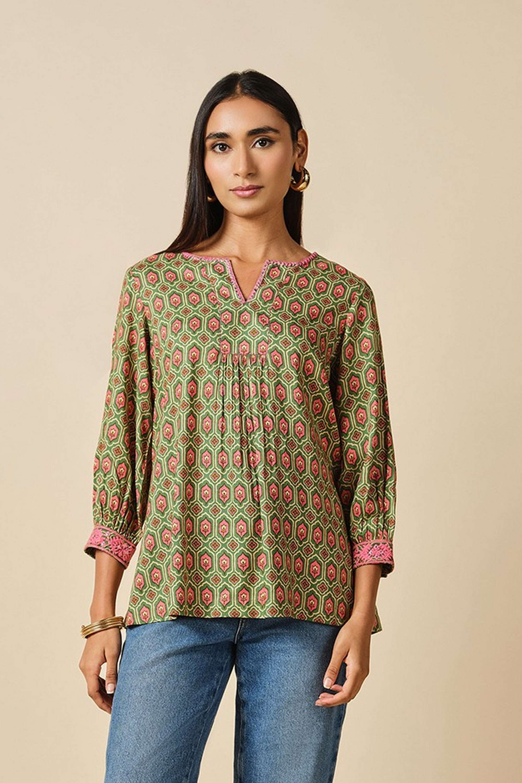 Ethnic-Motifs-Printed-Viscose-Round-Neck-Women-s-Top