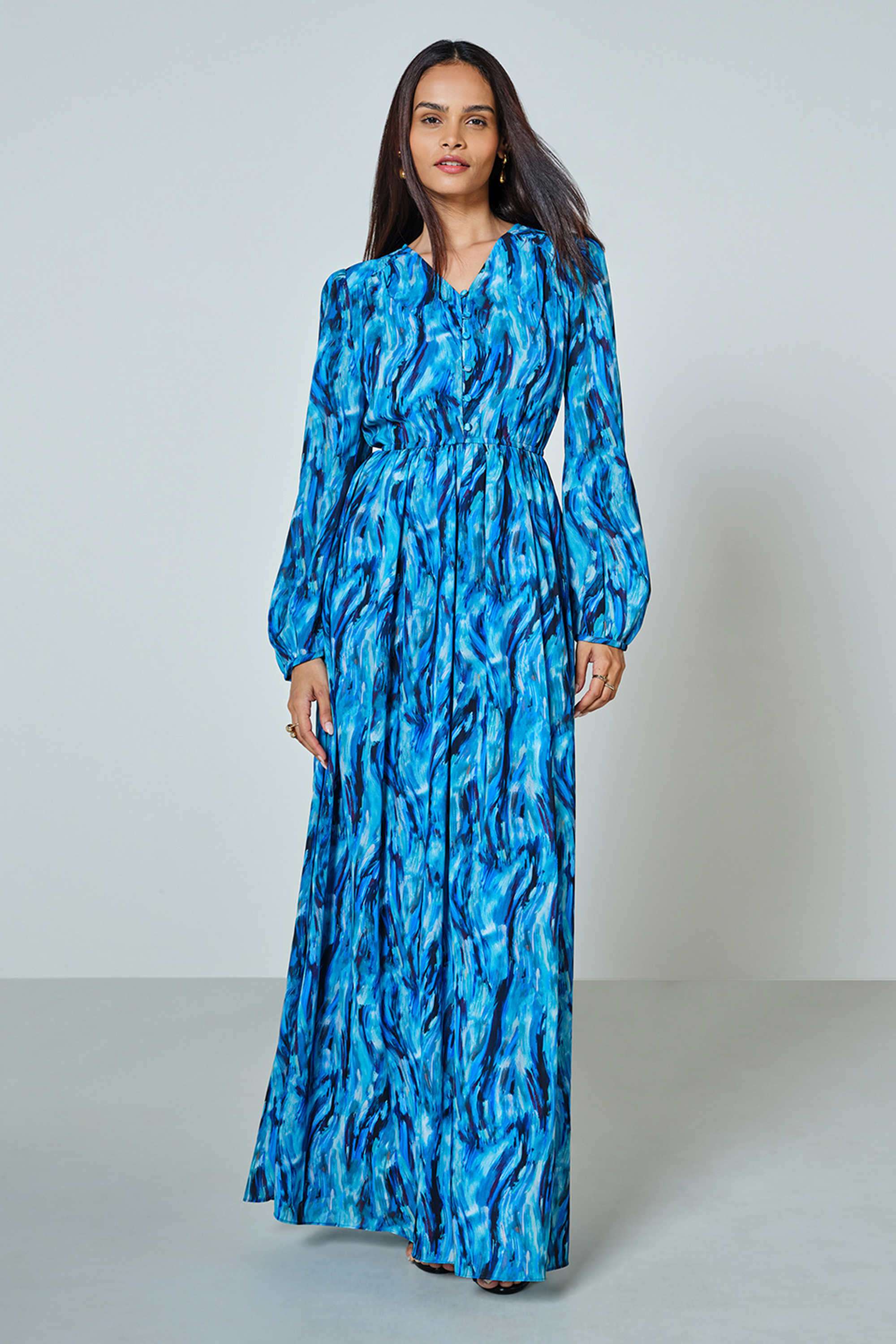 Abstract-V-Neck-Blended-Fabric-Women-s-Gown