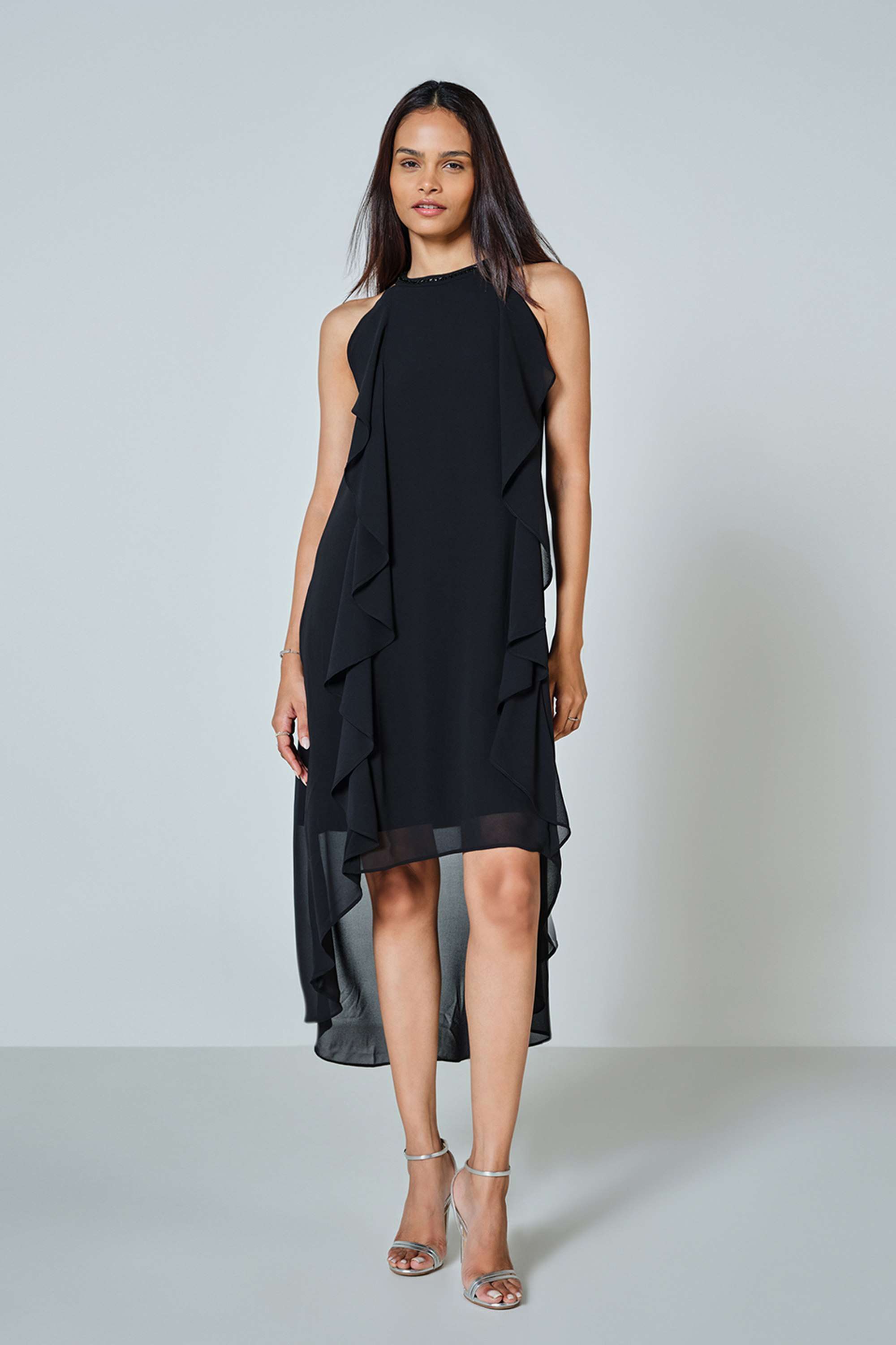 Solid-Round-Neck-Polyester-Women-s-Knee-Length-Dress