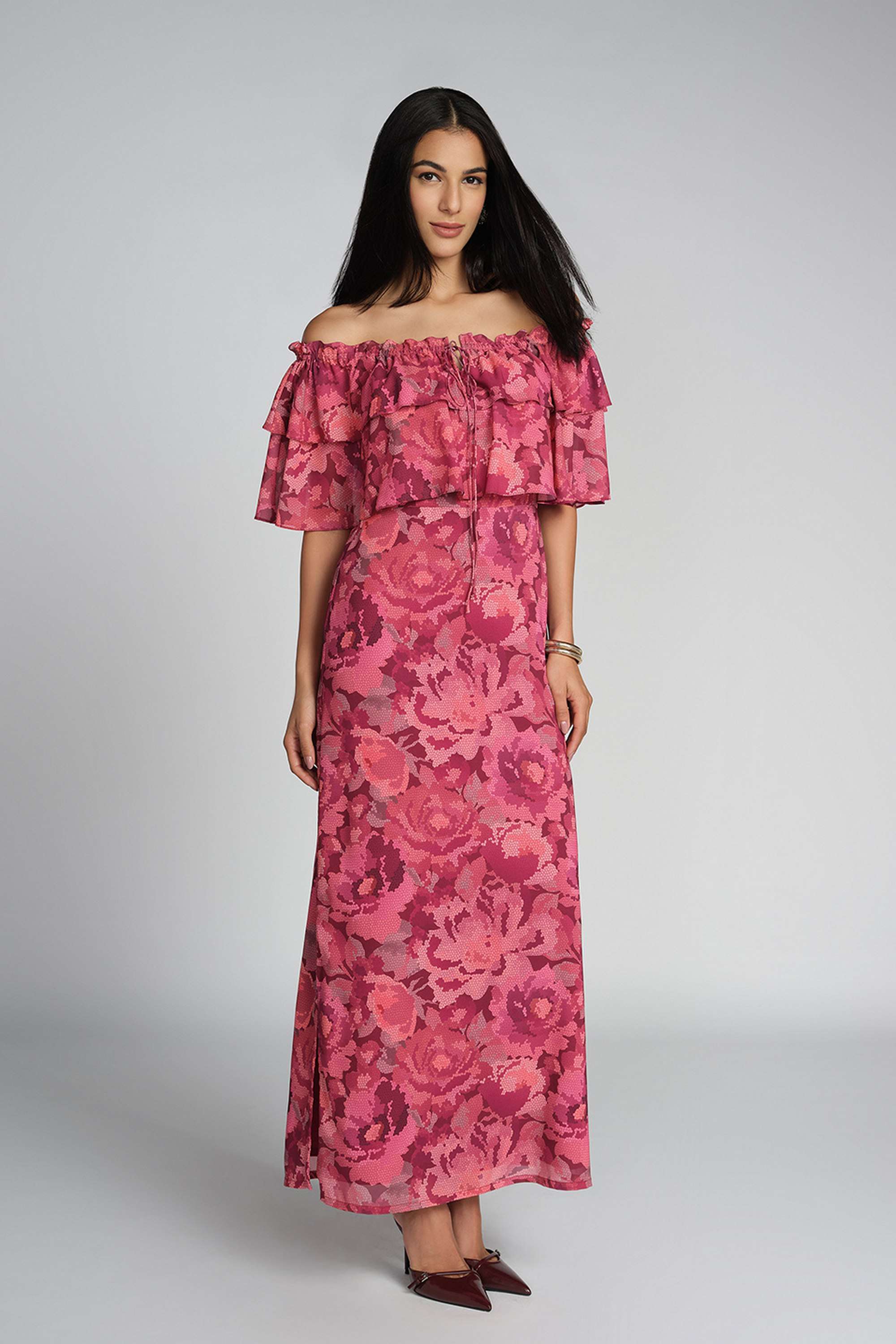 Floral-Off-Shoulder-Polyester-Women-s-Gown