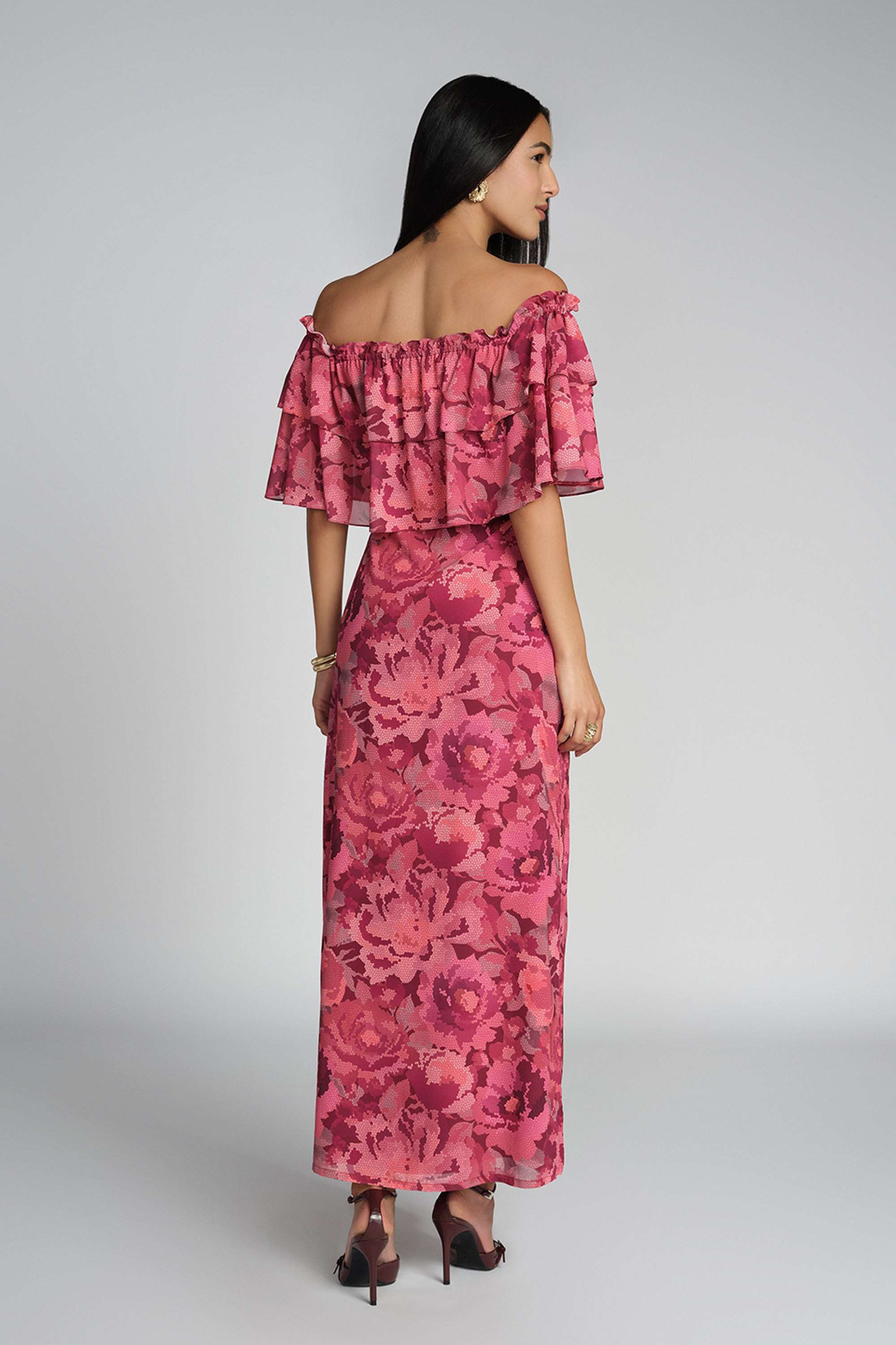 Floral-Off-Shoulder-Polyester-Women-s-Gown