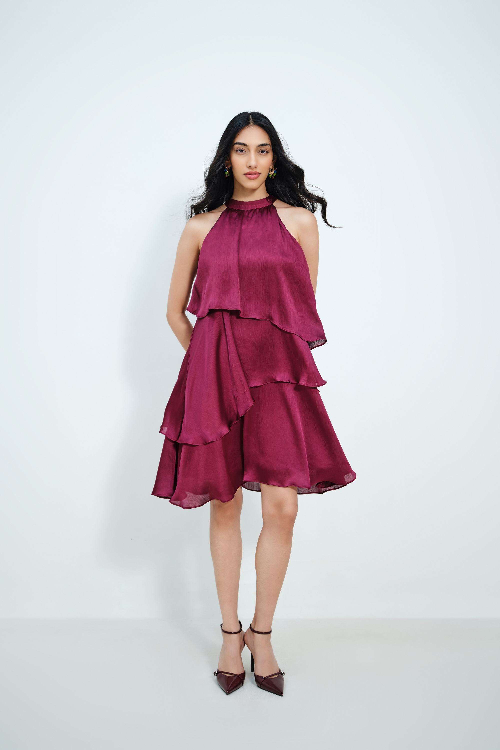 Solid-Blended-Fabric-Halter-Neck-Women-s-Dress
