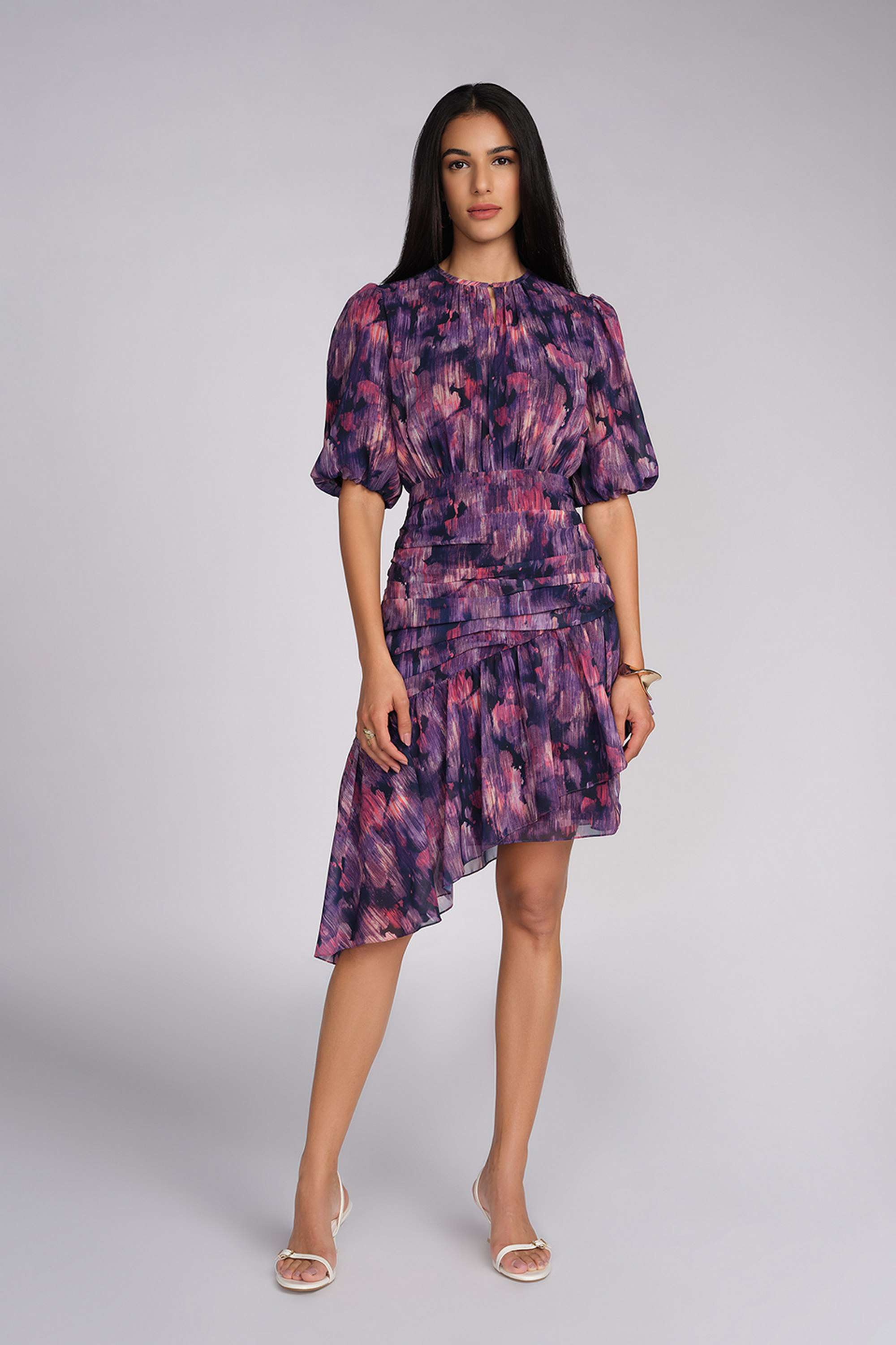 Abstract-Round-Neck-Polyester-Women-s-Knee-Length-Dress