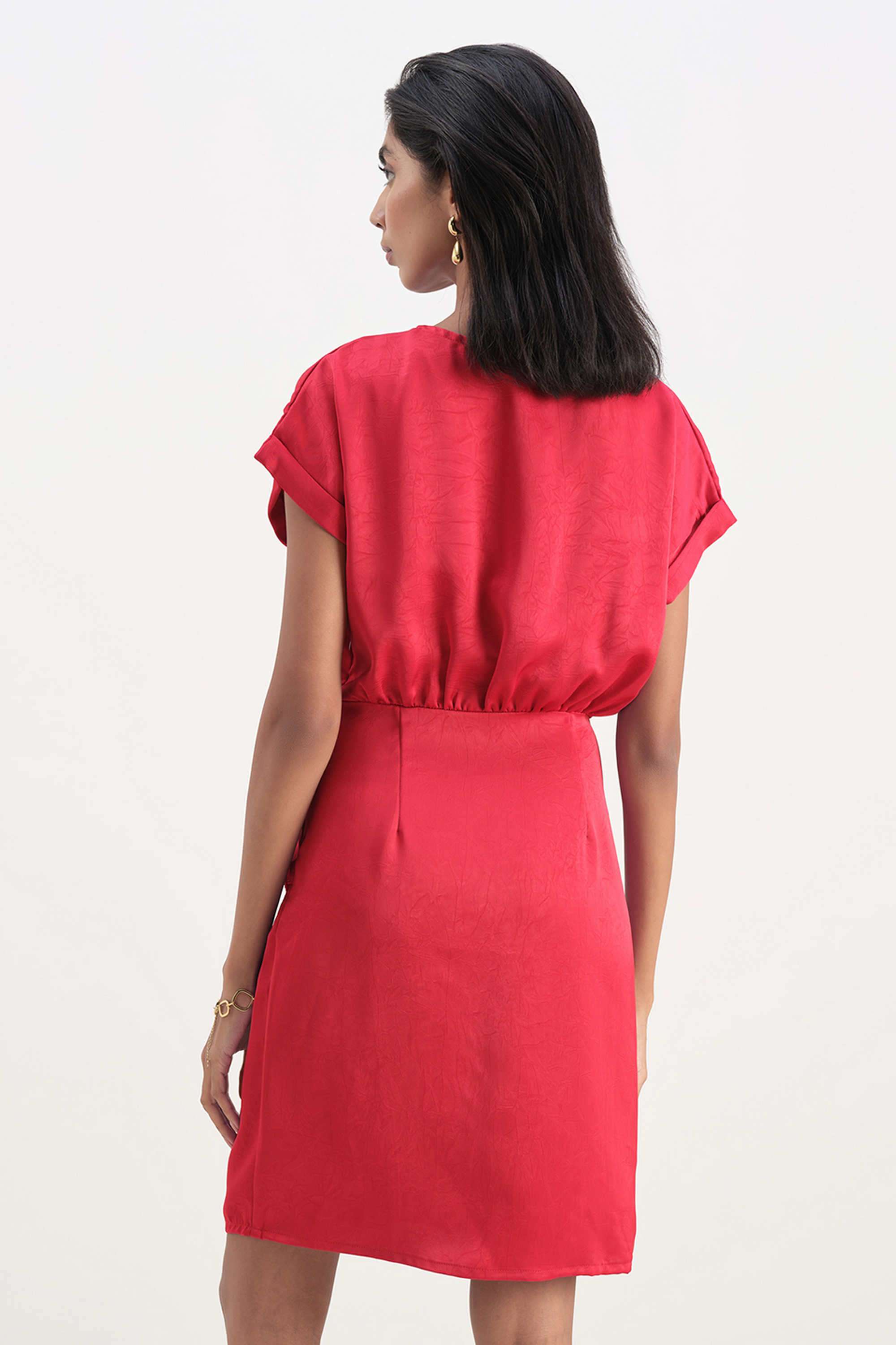 Solid-V-Neck-Polyester-Women-s-Knee-Length-Dress