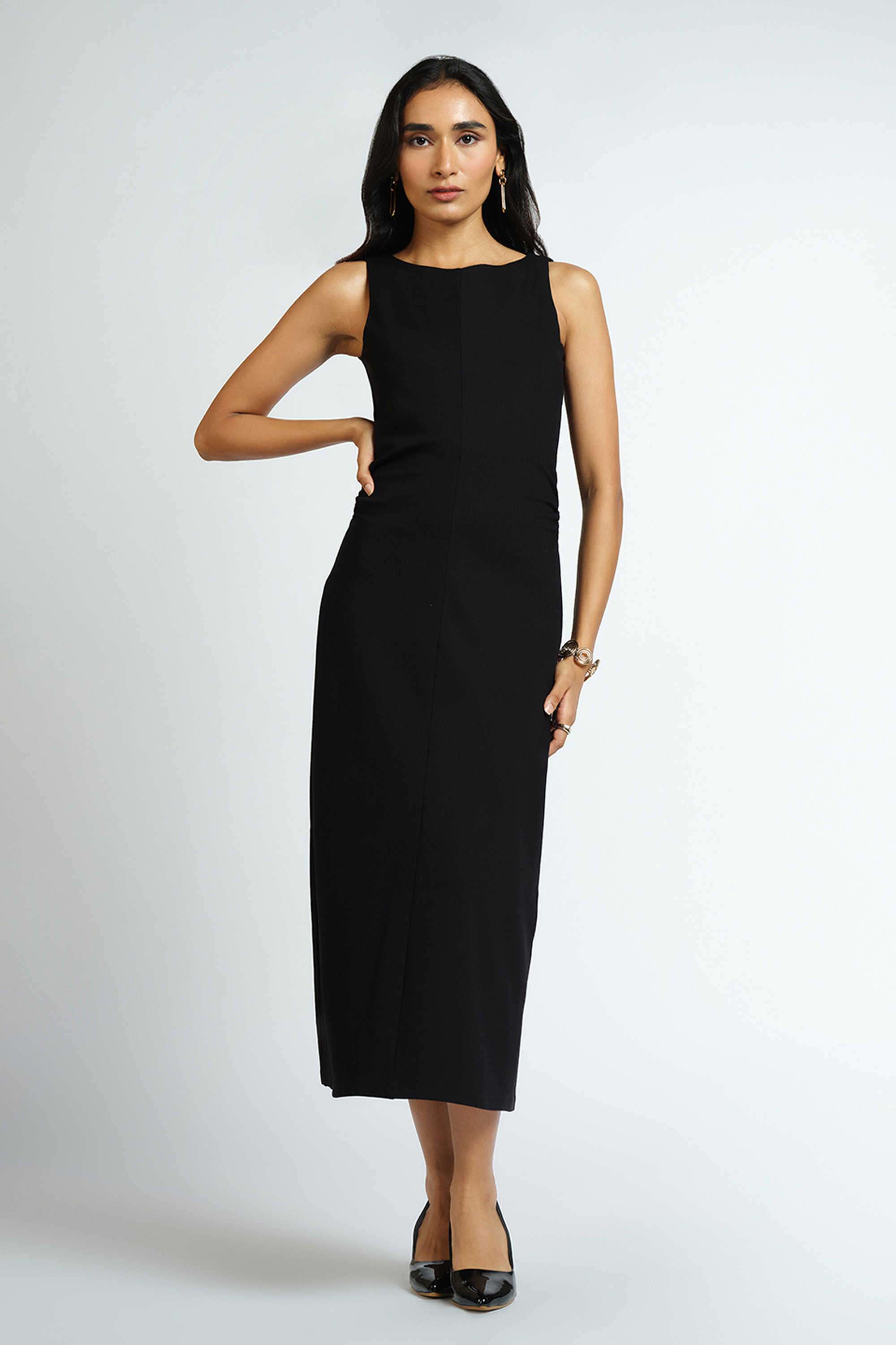 Solid-Rayon-Round-Neck-Sleeveless-Party-Wear-Women-Dress