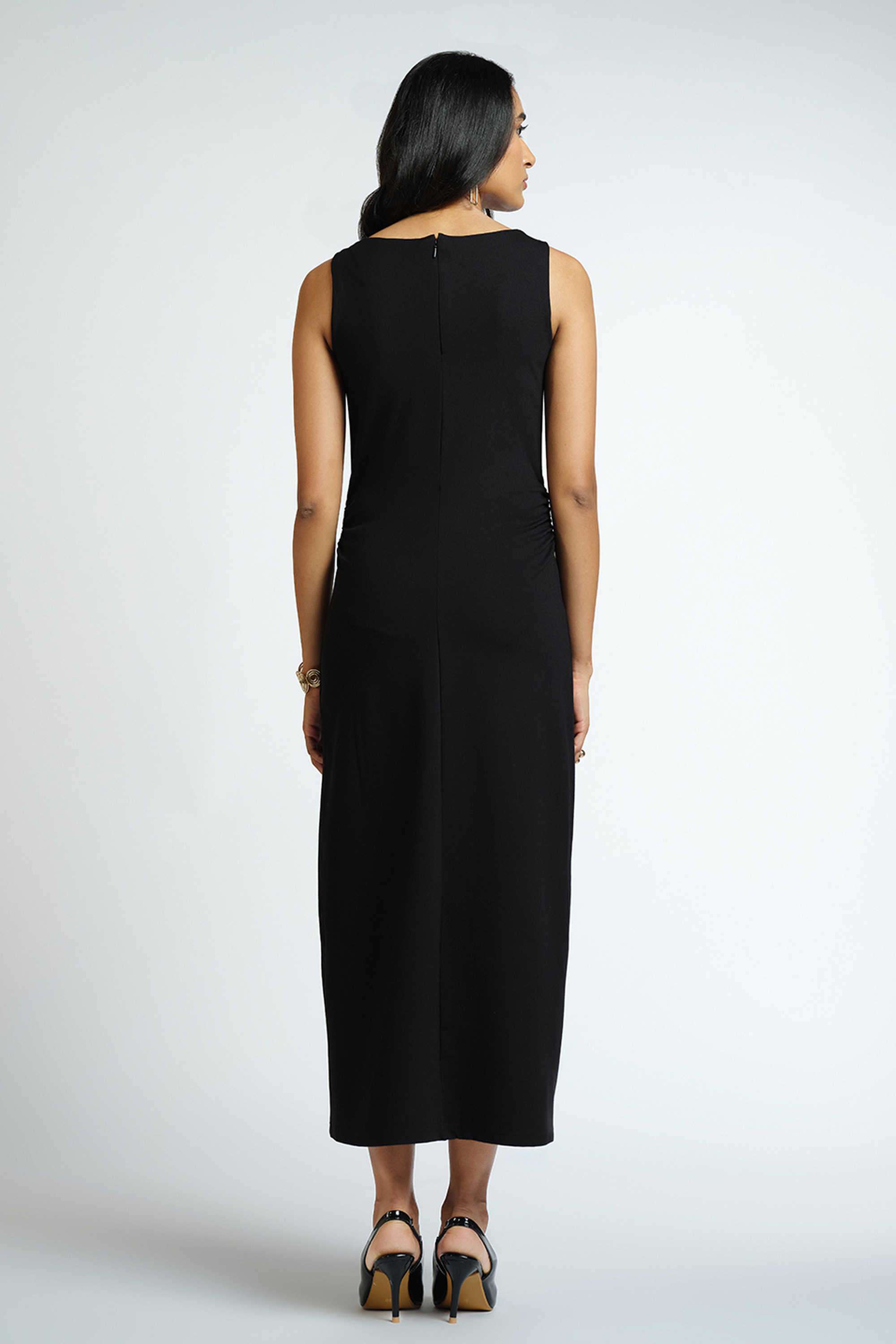 Solid-Rayon-Round-Neck-Sleeveless-Party-Wear-Women-Dress