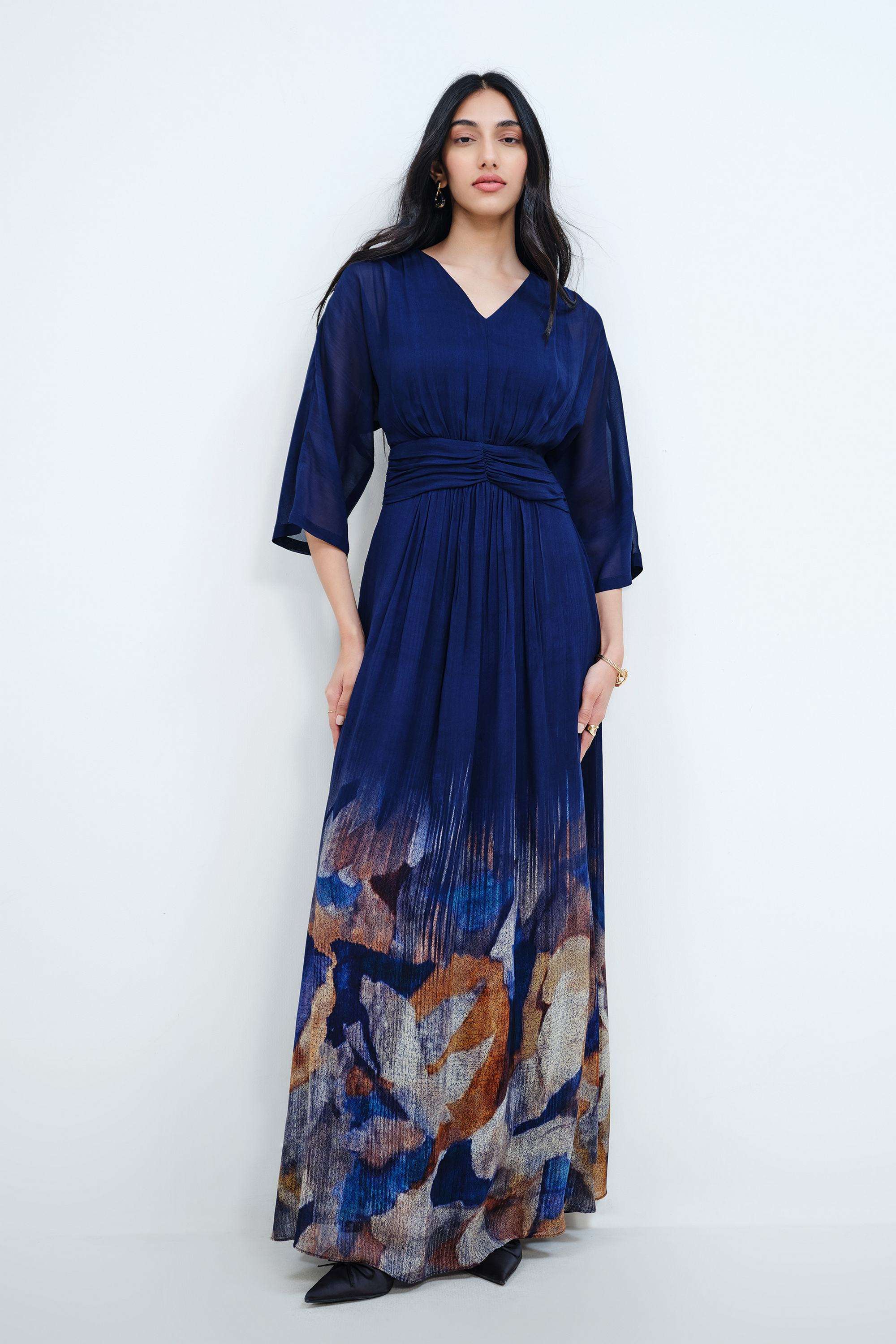 Solid-Blended-Fabric-V-Neck-Women-s-Dress
