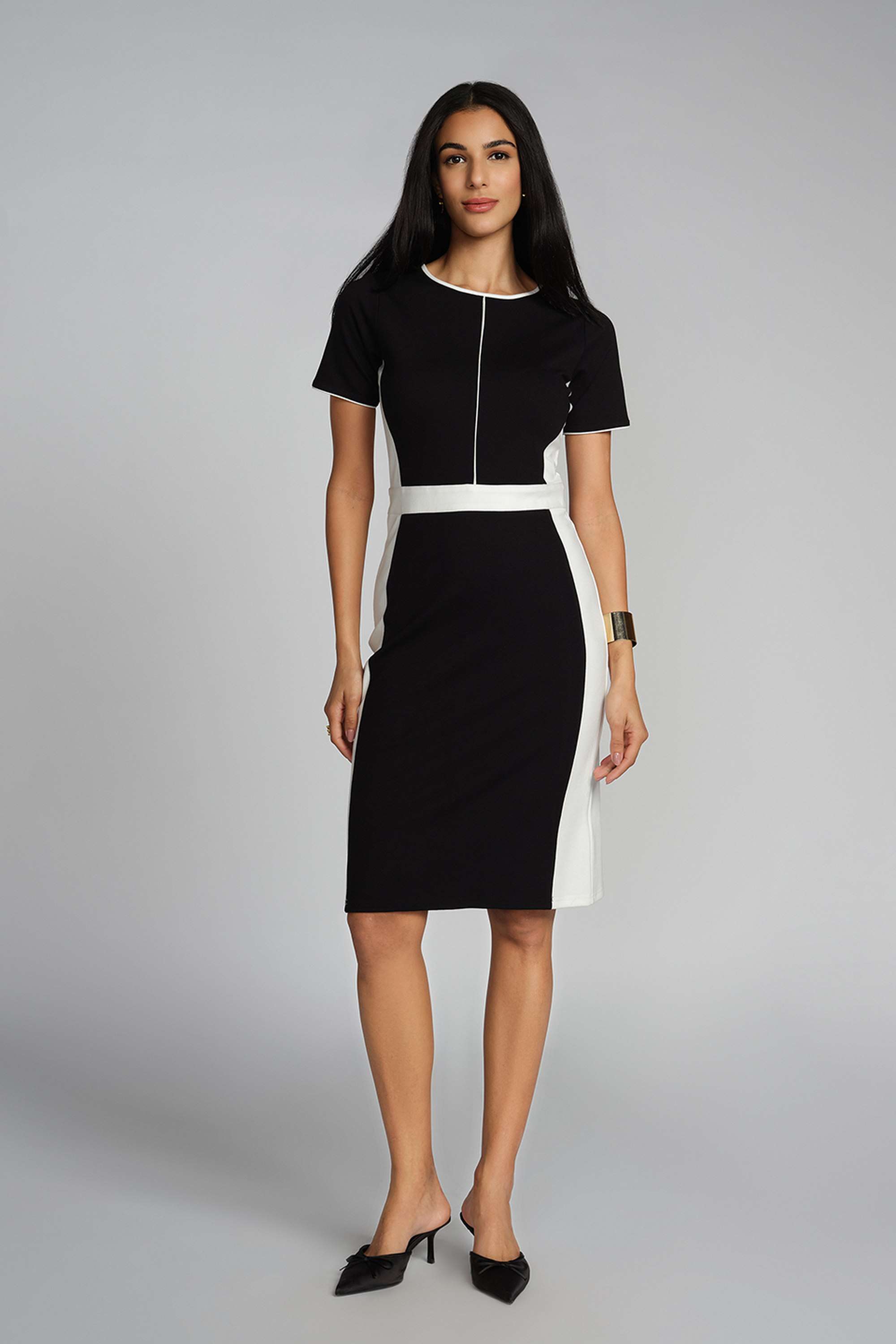 Color-Block-Round-Neck-Rayon-Blend-Women-s-Knee-Length-Dress