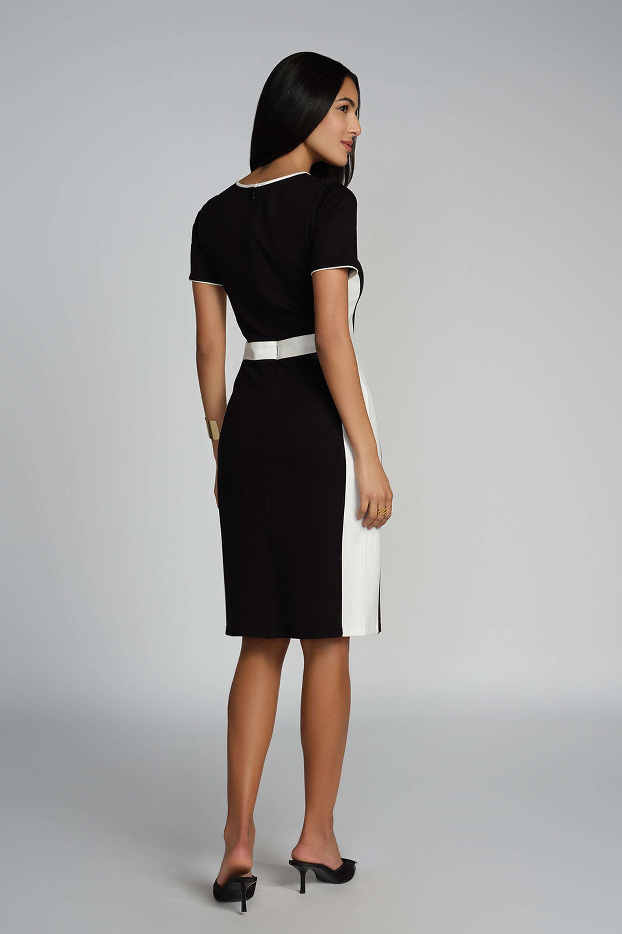 Color-Block-Round-Neck-Rayon-Blend-Women-s-Knee-Length-Dress