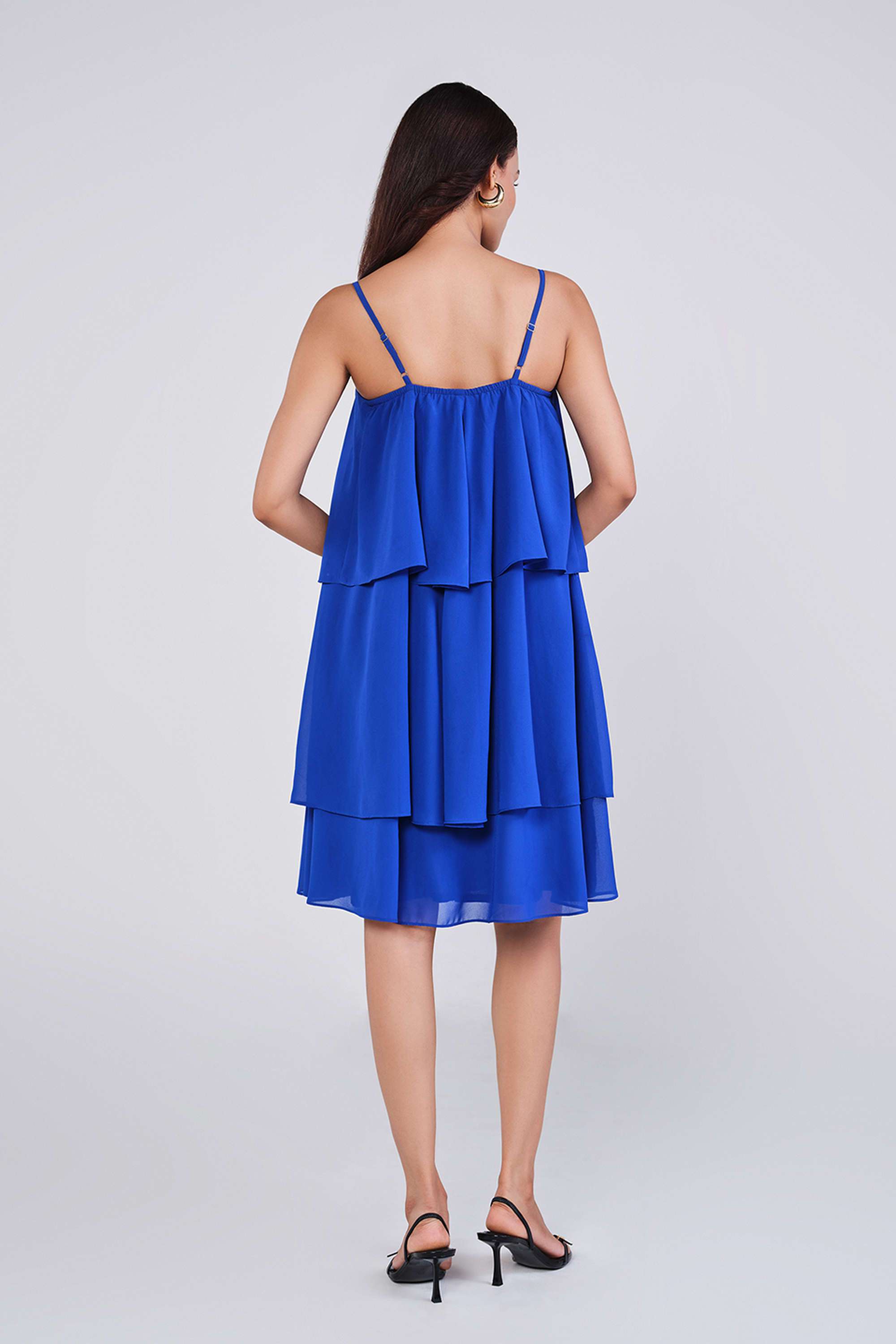 Solid-Polyester-V-Neck-Women-s-Knee-Length-Dress