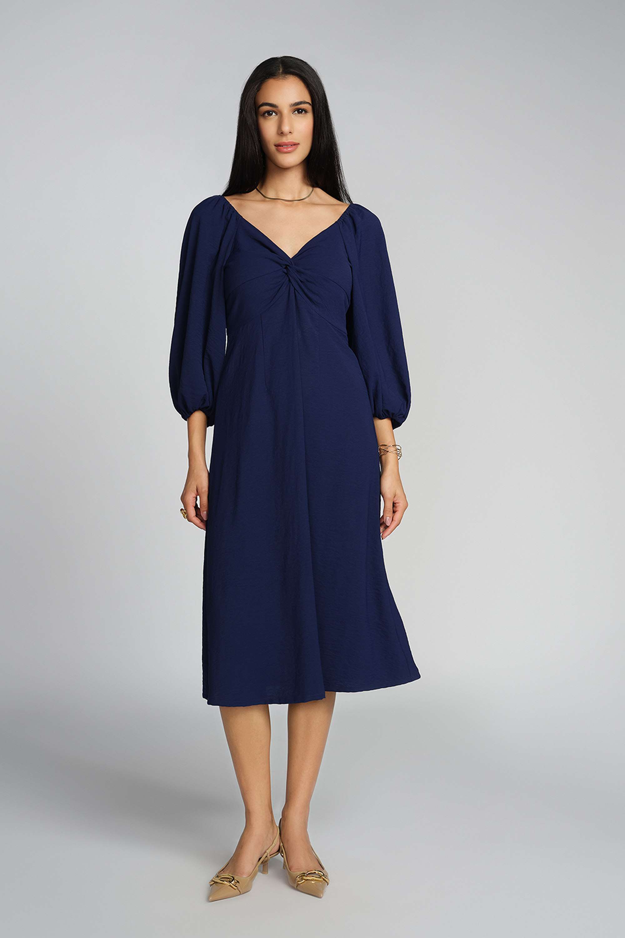Solid-V-Neck-Polyester-Women-s-Calf-Length-Dress