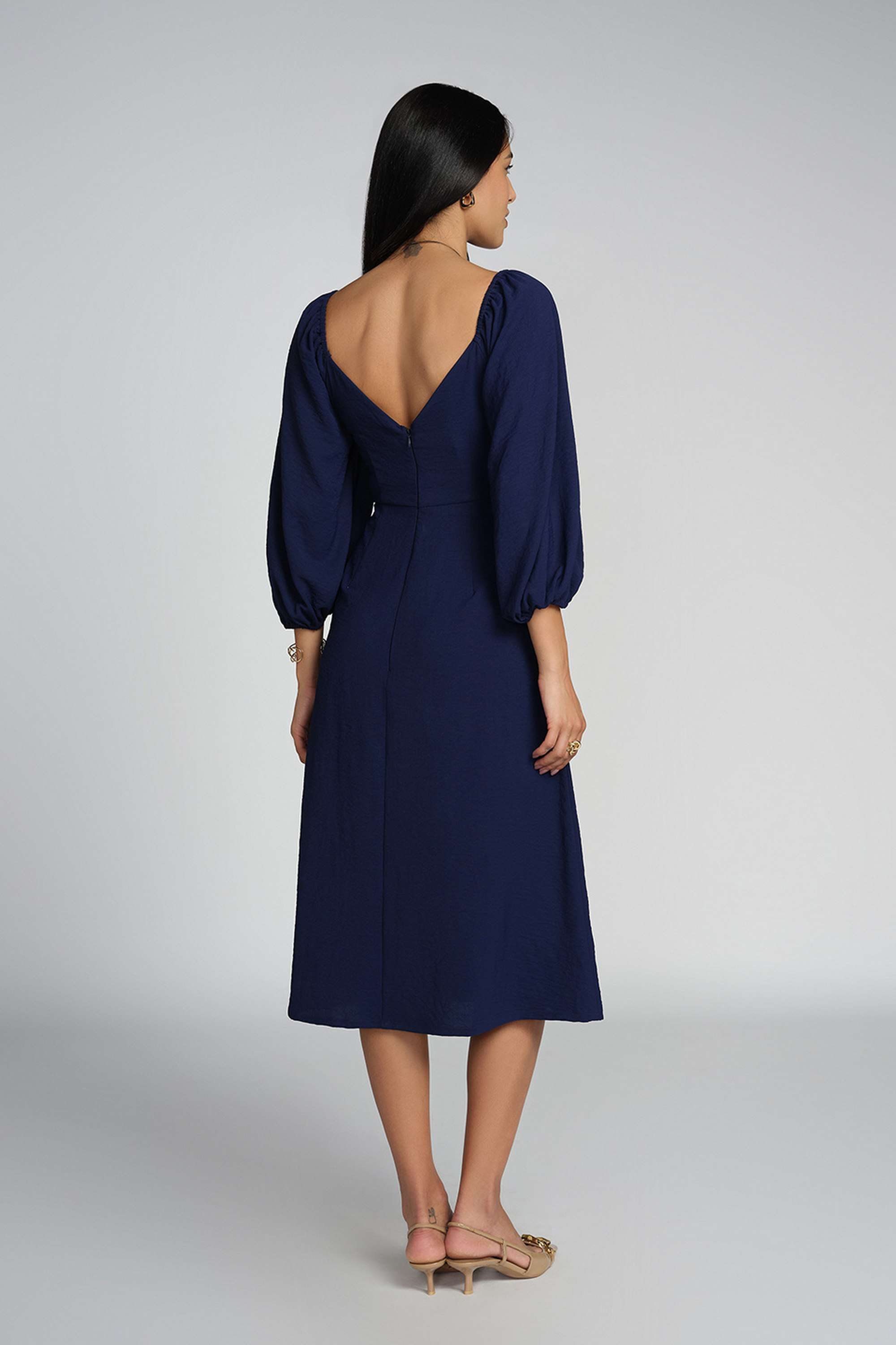 Solid-V-Neck-Polyester-Women-s-Calf-Length-Dress