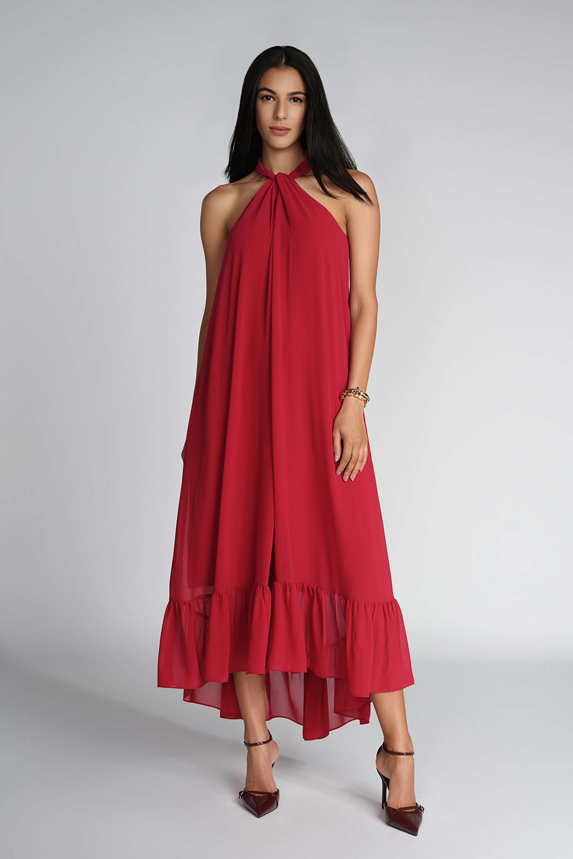 Solid-Halter-Neck-Polyester-Women-s-Full-Length-Dress