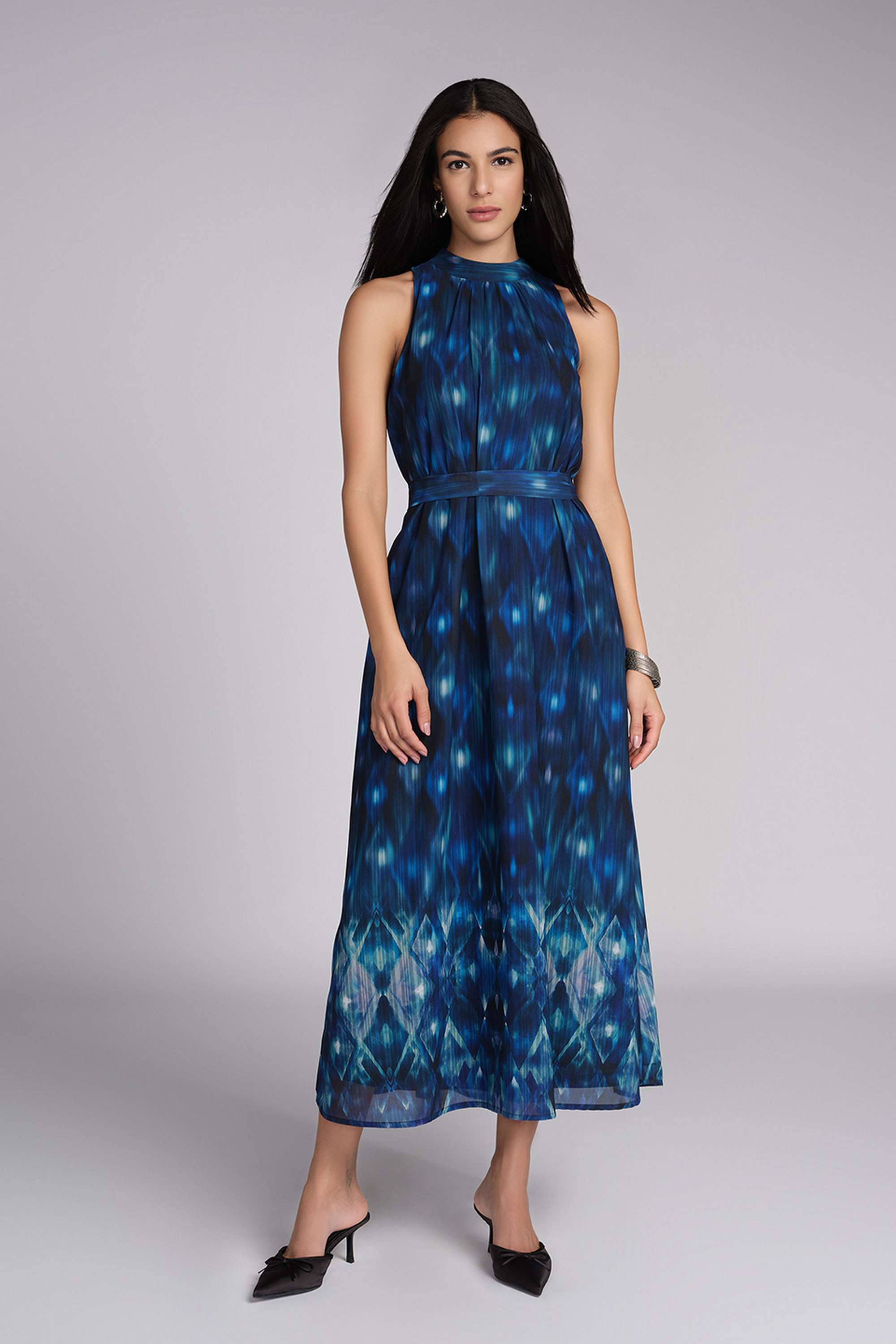 Abstract-Halter-Neck-Polyester-Women-s-Calf-Length-Dress