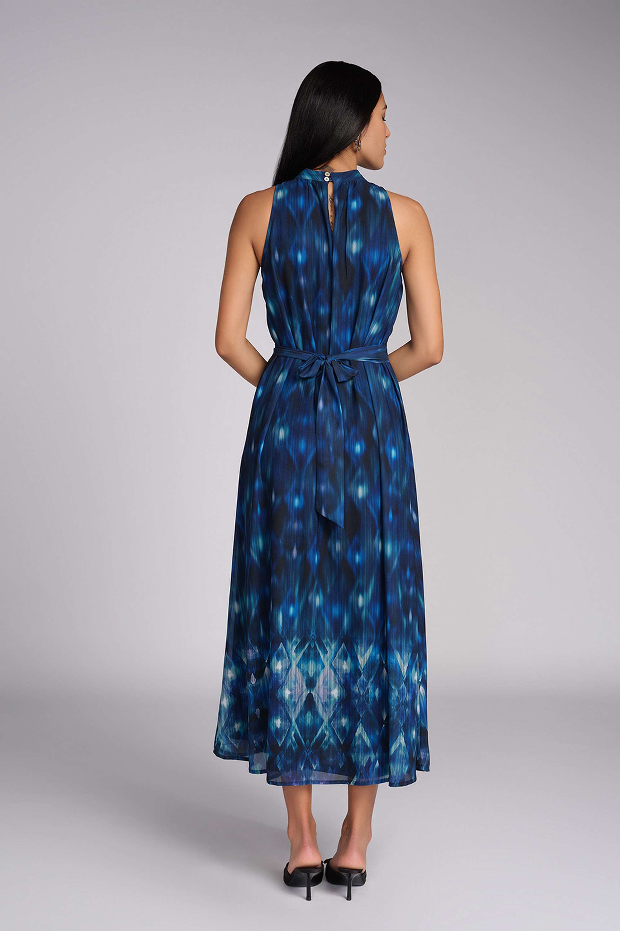 Abstract-Halter-Neck-Polyester-Women-s-Calf-Length-Dress