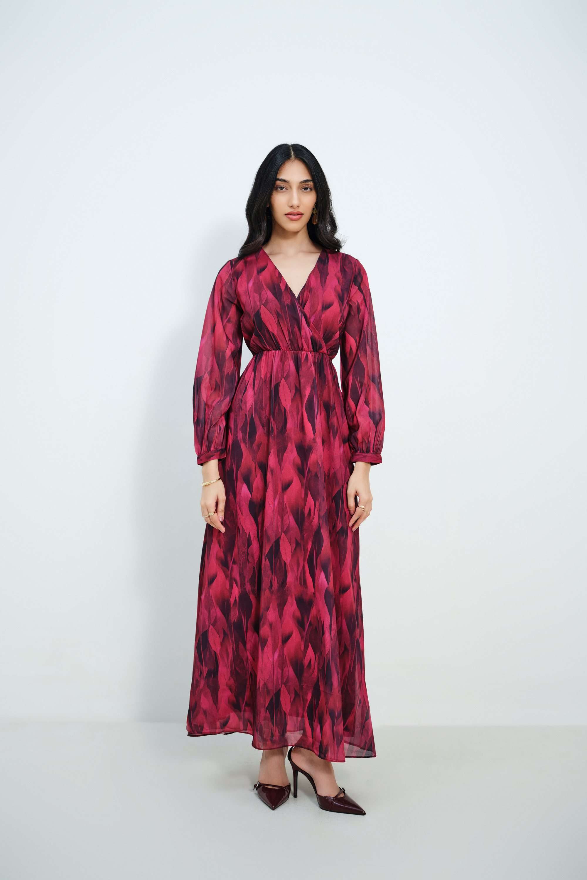 Solid-Plunging-Neck-Blended-Fabric-Women-Dress