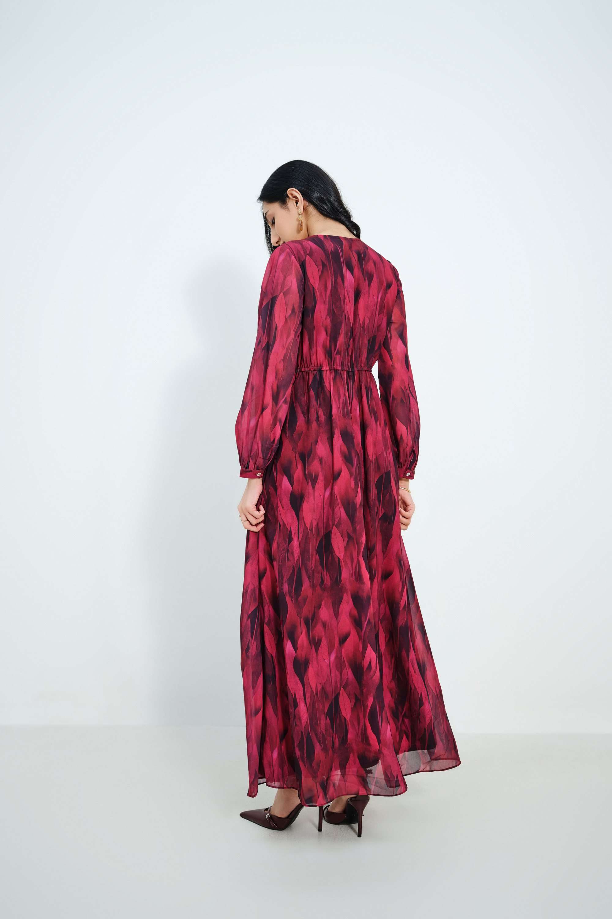 Solid-Plunging-Neck-Blended-Fabric-Women-Dress