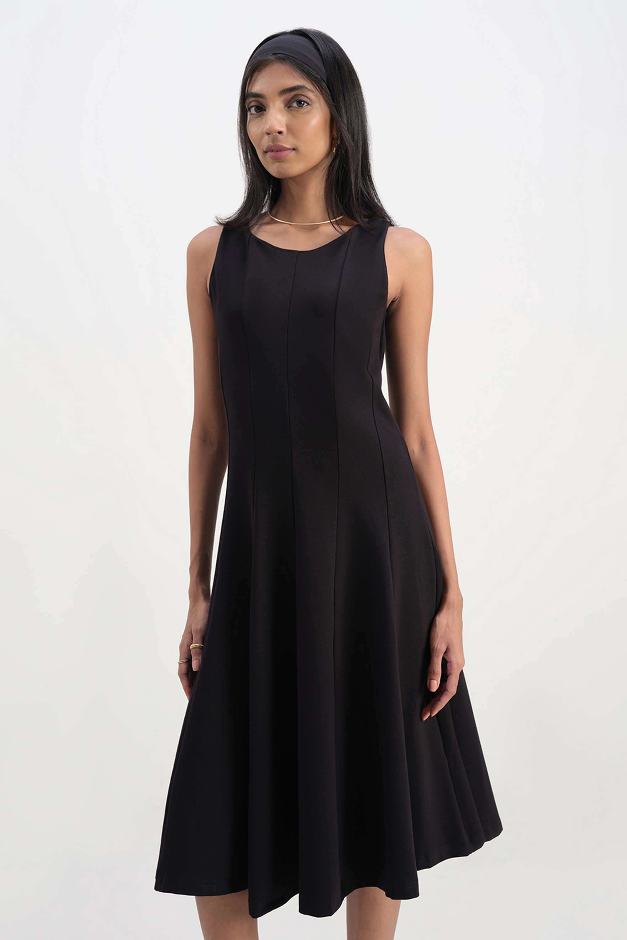 Solid-Boat-Neck-Blended-Fabric-Women-s-Calf-Length-Dress