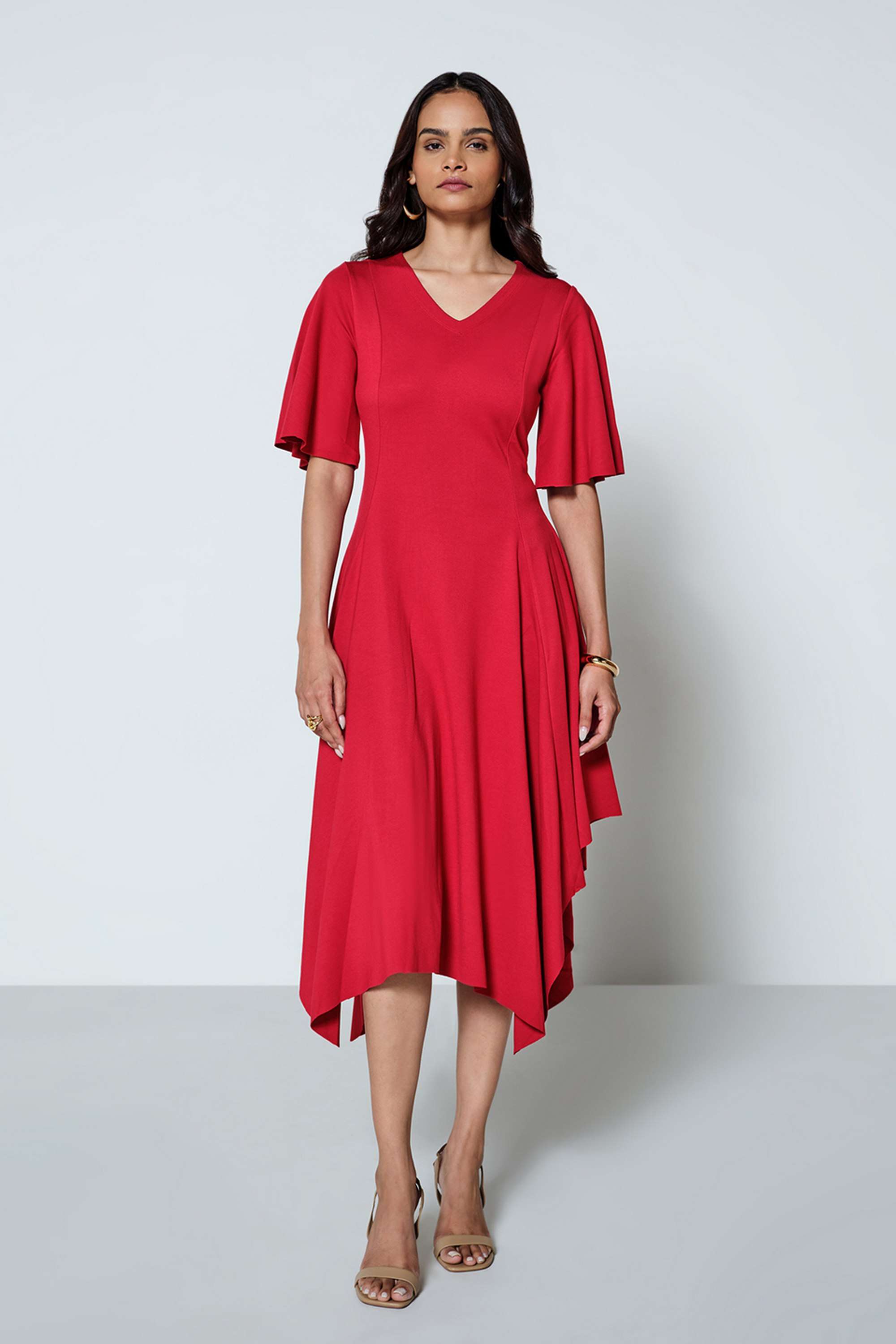 Solid-V-Neck-Viscose-Blend-Women-s-Knee-Length-Dress