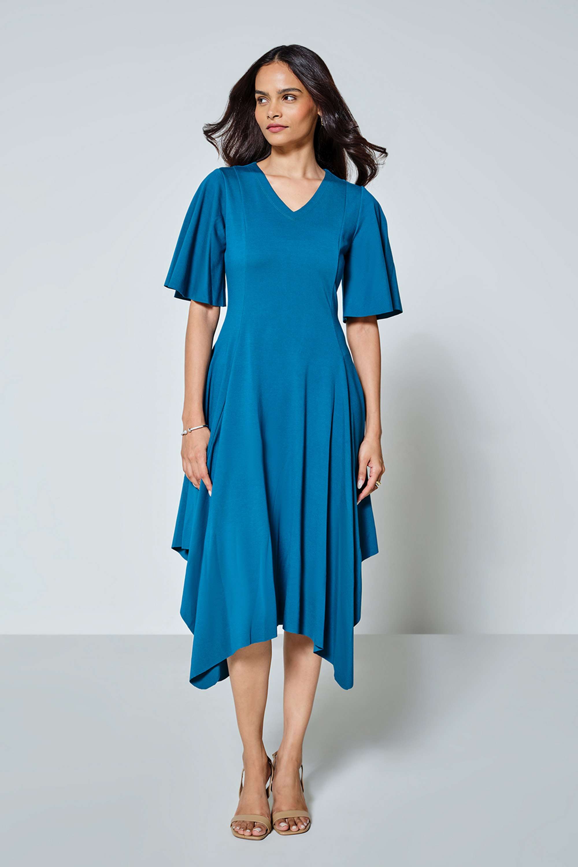 Solid-V-Neck-Viscose-Blend-Women-s-Knee-Length-Dress