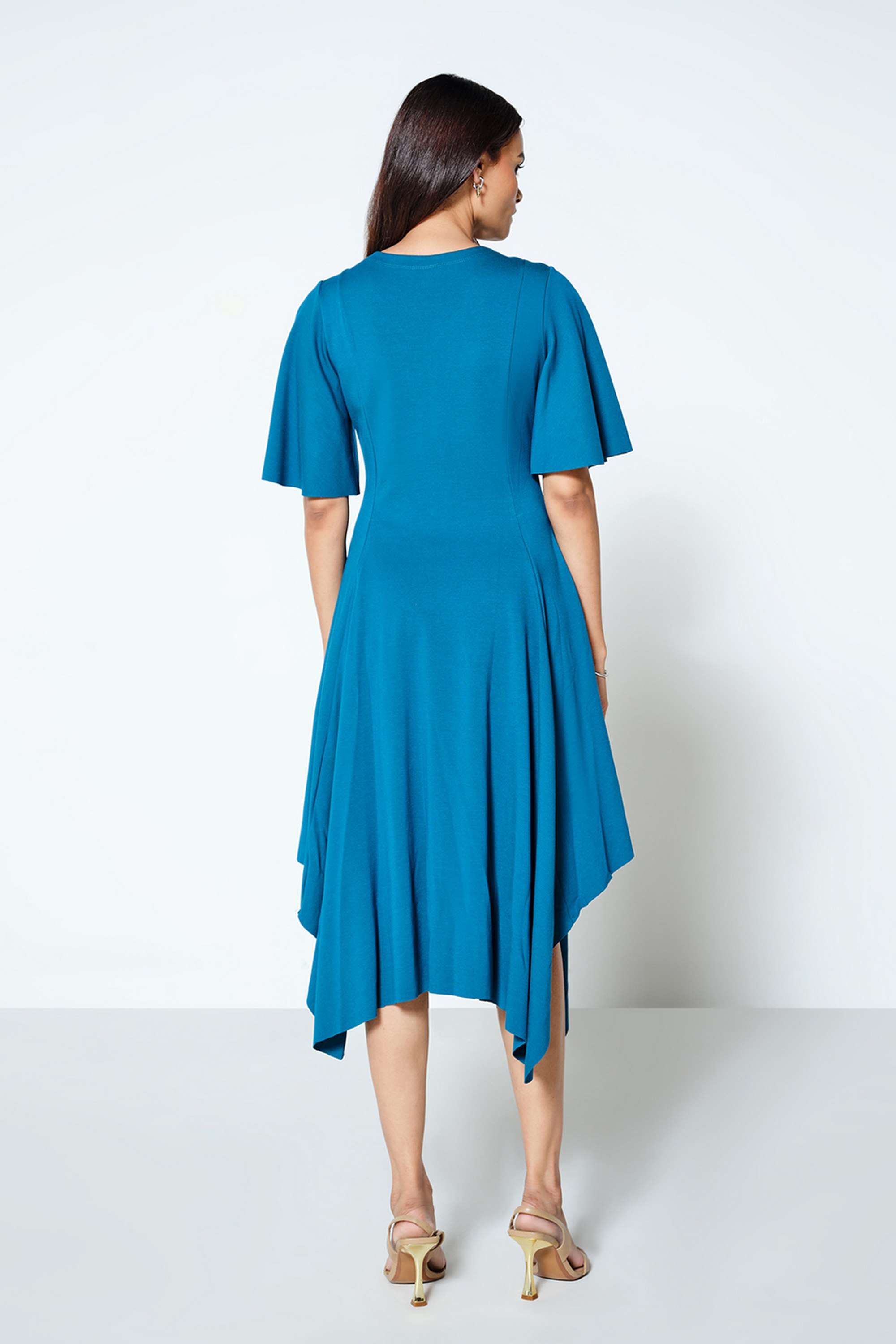Solid-V-Neck-Viscose-Blend-Women-s-Knee-Length-Dress
