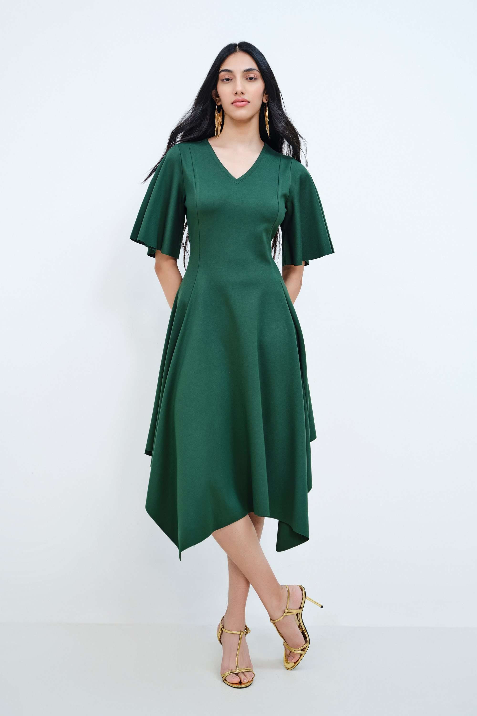 Solid-V-Neck-Blended-Fabric-Women-Dress