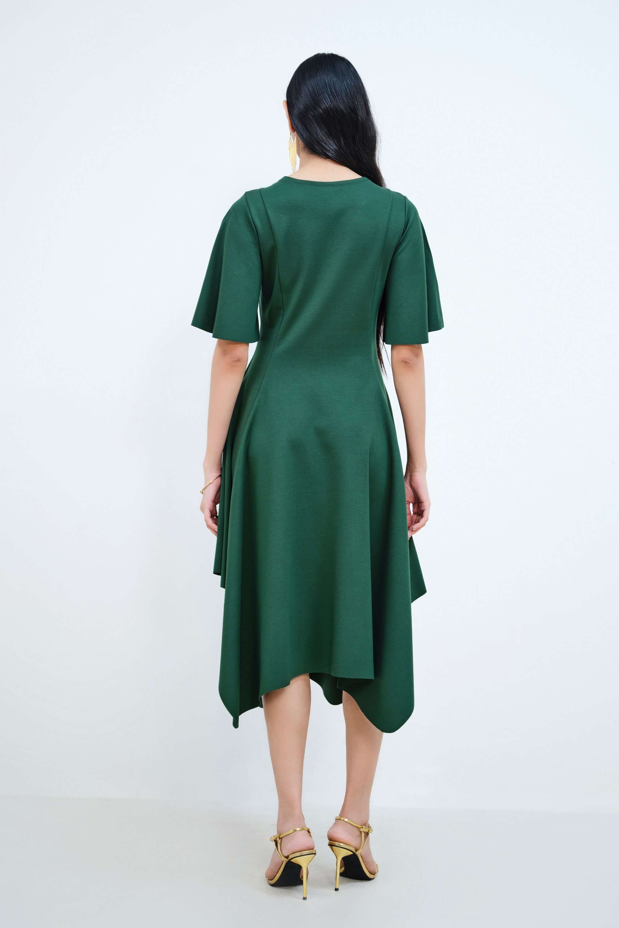 Solid-V-Neck-Blended-Fabric-Women-Dress