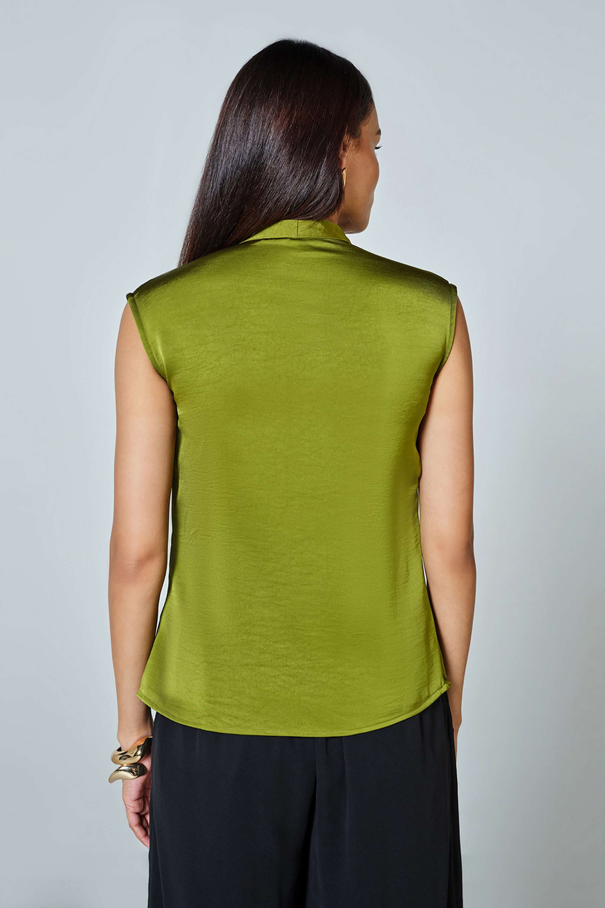 Solid-Polyester-V-Neck-Women-s-Top