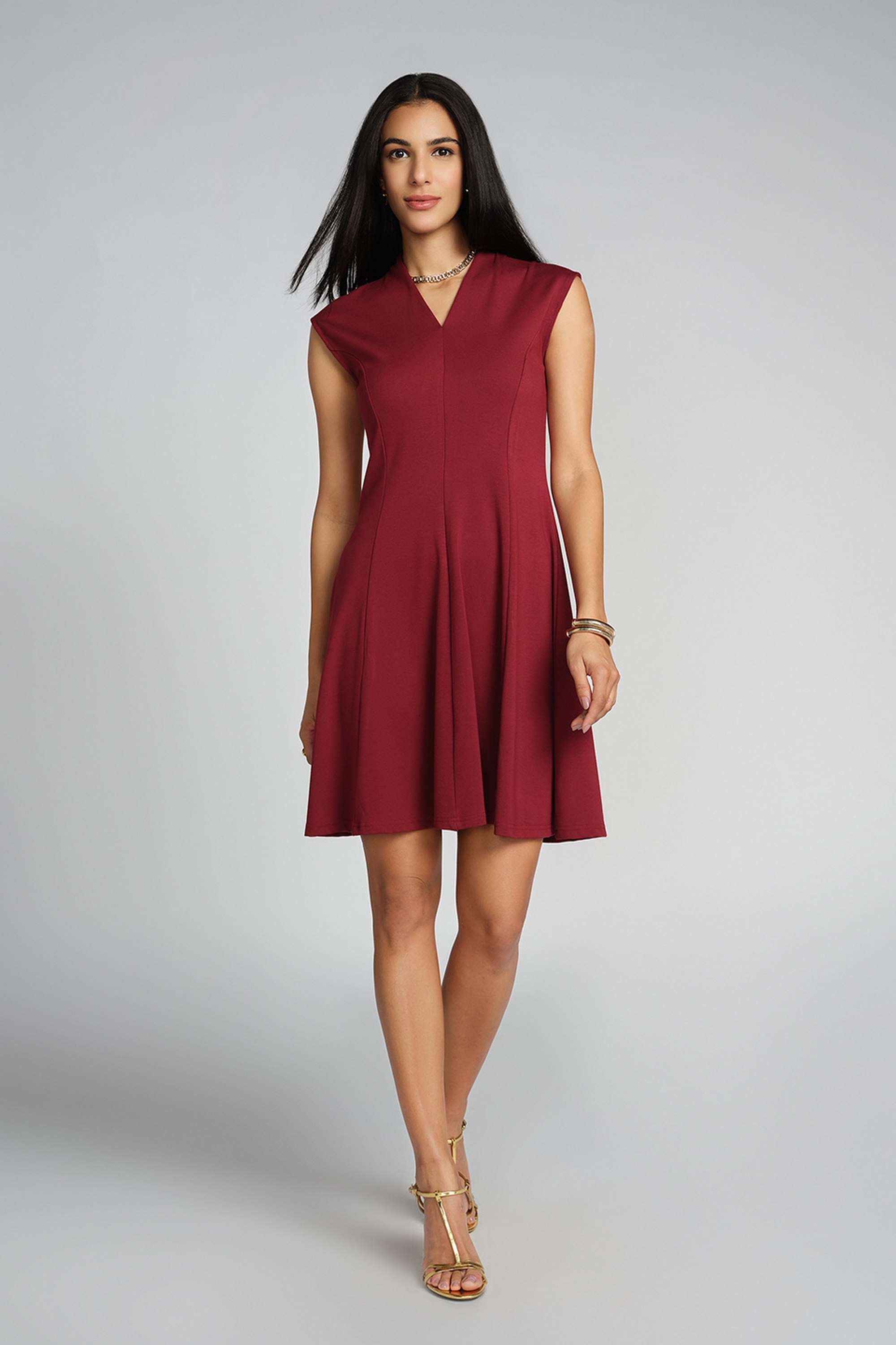 Solid-V-Neck-Viscose-Blend-Women-s-Knee-Length-Dress
